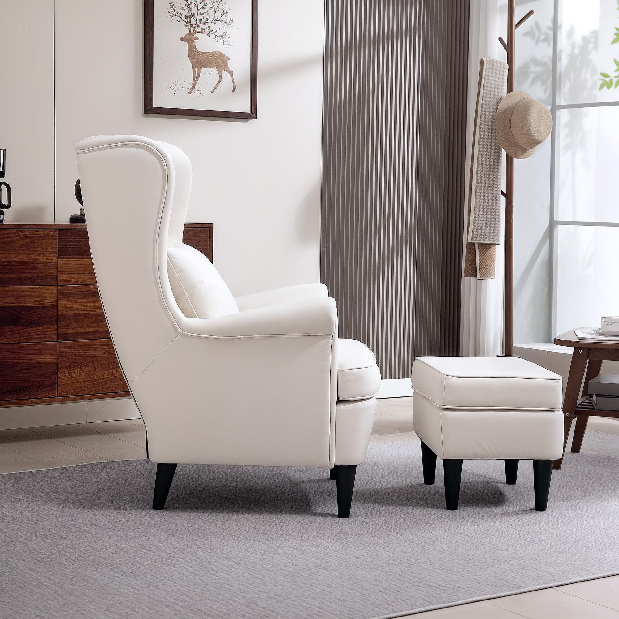 HOMCOM Sillón con Reposapiés Sillón Lectura con Respaldo Alto Beige | Capitoné, Patas de Madera, Almohada Acolchada, Tapizado en Lino, Butaca para Salón Dormitorio Oficina