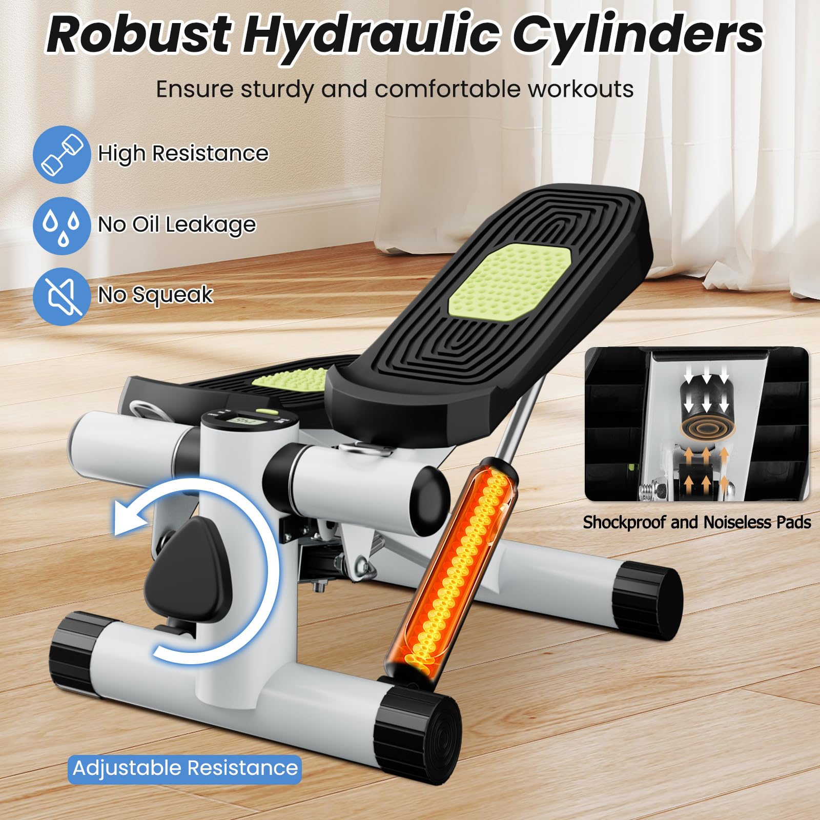 KOMFOTTEU Mini Step Fitness Casa, Stepper Idraulico con Fasce di Resistenza, Altezza Regolabile, Schermo LCD, Pedali Antiscivolo, Attrezzatura Cardio per Allenamento Corpo, Esercizio