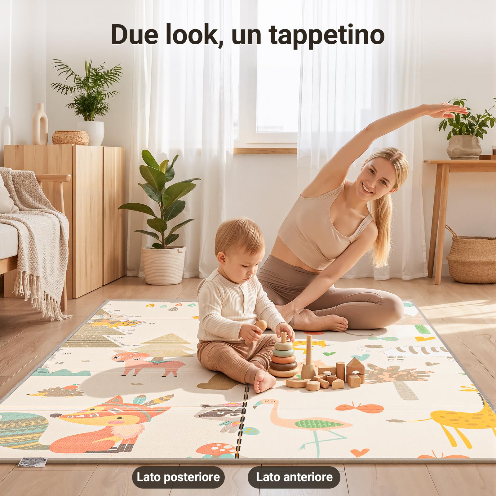 COSYLAND Tappeto Gioco Bambini Pieghevole Neonato - Tappeto Gioco Neonato Impermeabile Morbido 150 x 180 x 1cm,Tappetino per Attività, Schiuma Sicura, Reversibile, Regalo Bambino (Animali)