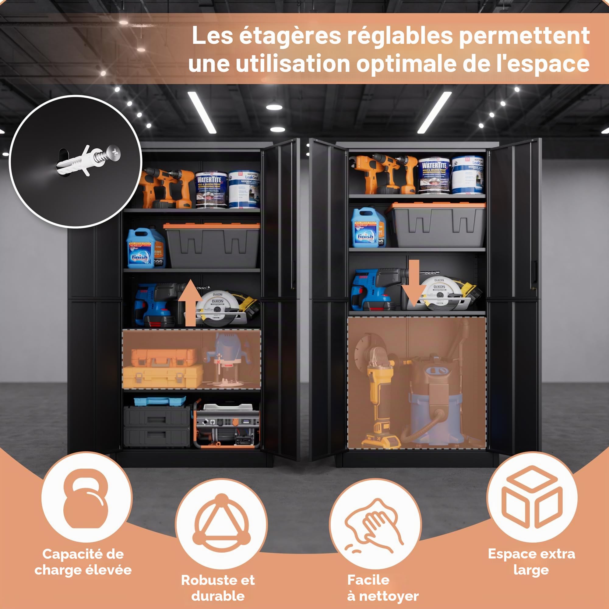 Armoire de rangement multi-usages en acier - Armoire de rangement verrouillable avec 2 portes - 180 x 80 x 40 cm - Armoire à outils - Étagères réglables - Pour garage, bureau, salon - Noir