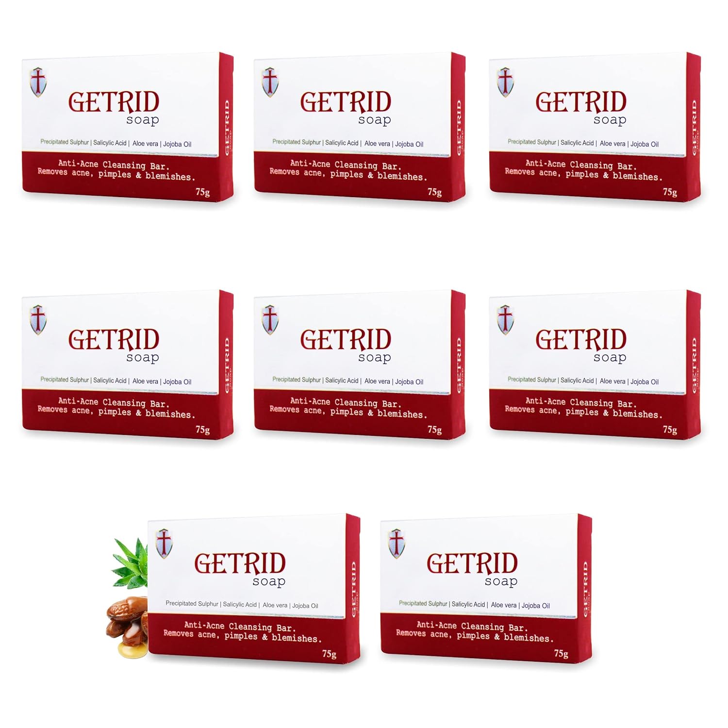 GETRID Anti-Acne Sulfur & Salicylic Acid Soap Bar - 75g / 2.65 oz (Pack of 15) | For Acne-Prone Skin | Deep Cleansing & Exfoliating Soap | Aloe Vera & Jojoba Oil Infused