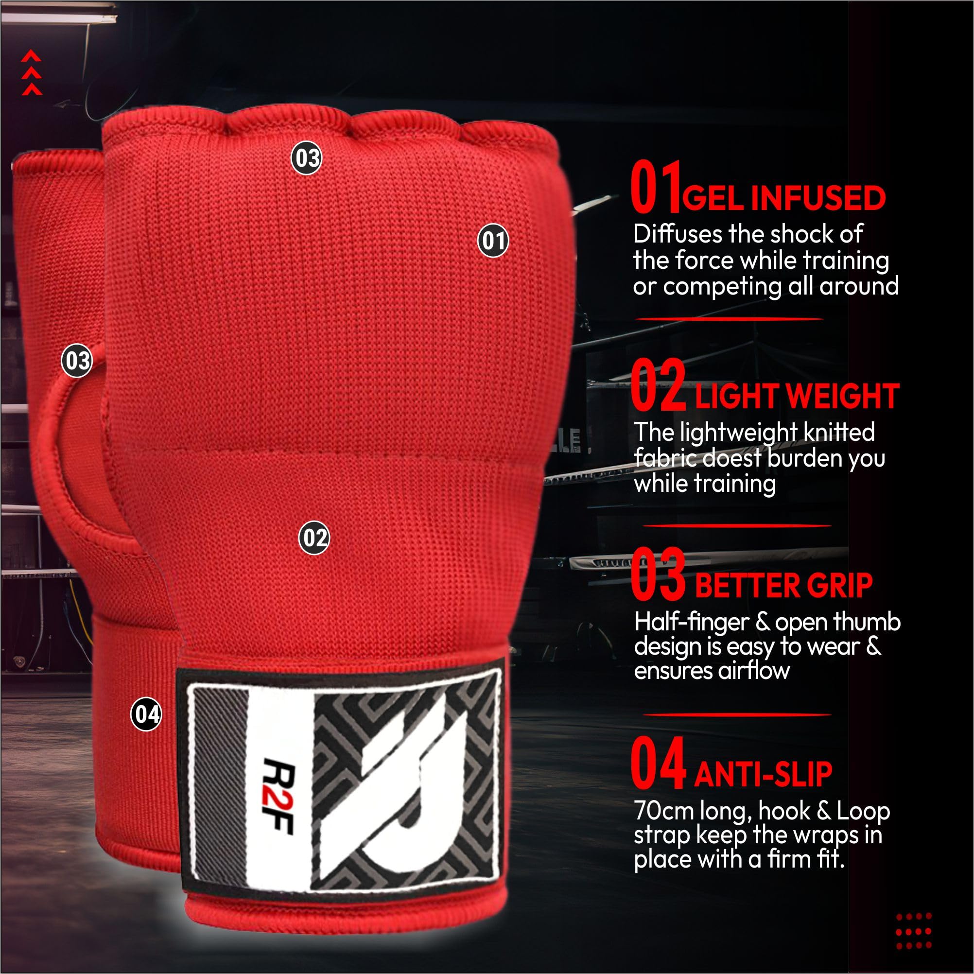 R2F Gel Fasce Boxe Sottoguanti Boxe Interni Bende, 70cm Elastico Lunghe Polsiere Guantoni Boxe Pugno Imbottita Protezione Guantoni da allenamento Muay Thai Kickboxing Arti Marziali Sacco da Box guanti