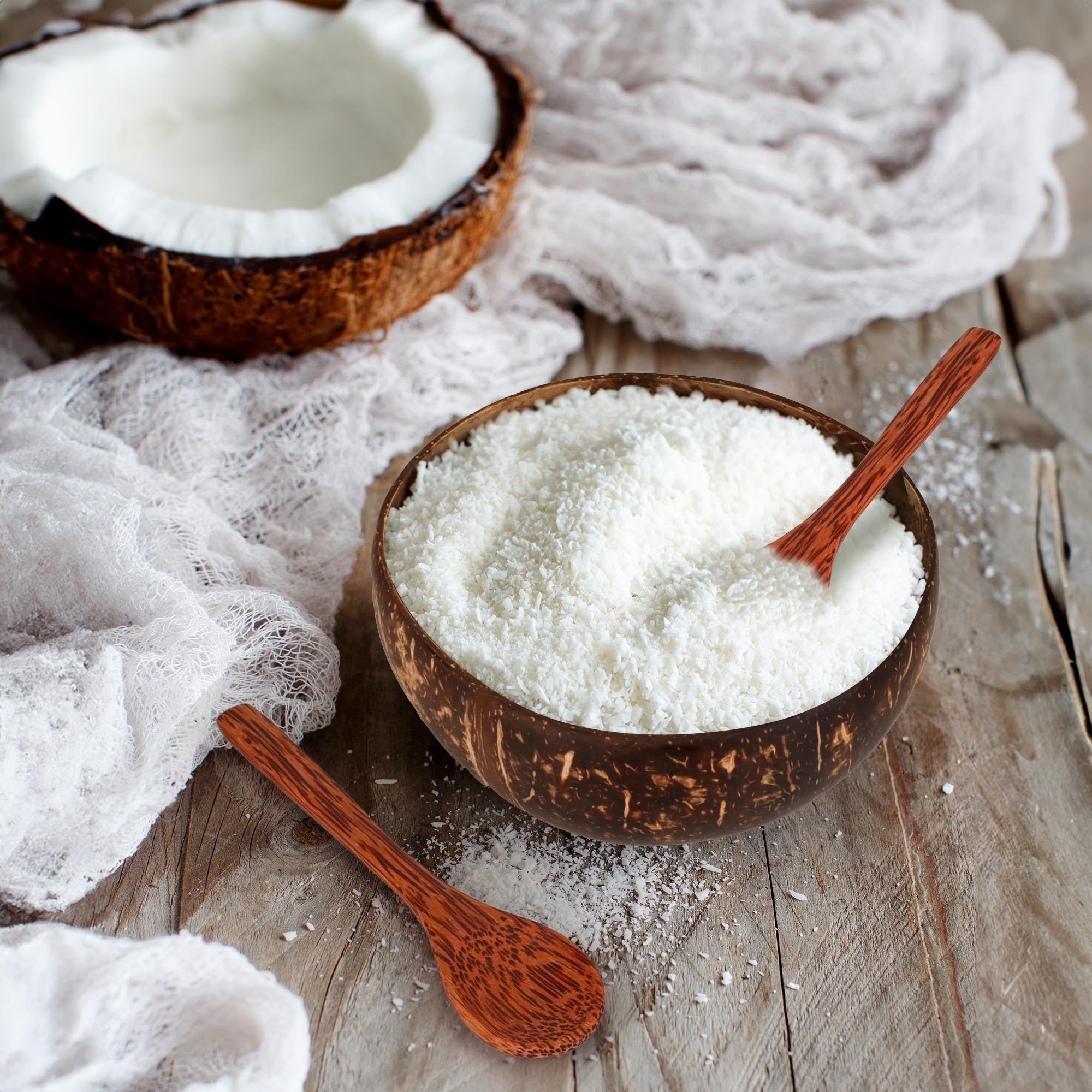 Lot de 8 bols en noix de coco en bois naturel, 350 ml avec 8 cuillères en bois, bol en noix de coco poli pour salade végétalienne, milkshake, fruits, dessert