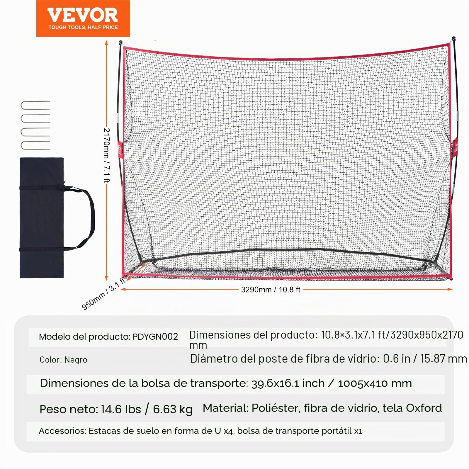 VEVOR Red de Práctica de Golf 3290 x 950 x 2170 mm para Campo Personal Interior y Exterior con Marco de Fibra de Vidrio y Bolsa de Transporte