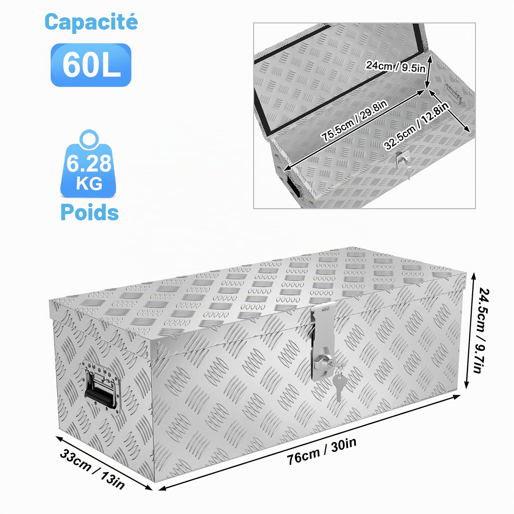 XMTECH Boîte de transport en aluminium de 60L, boîte de rangement en aluminium, mallette en aluminium, boîte en aluminium pour camion, argent, boîte de stockage, mallette de transport, boîte de