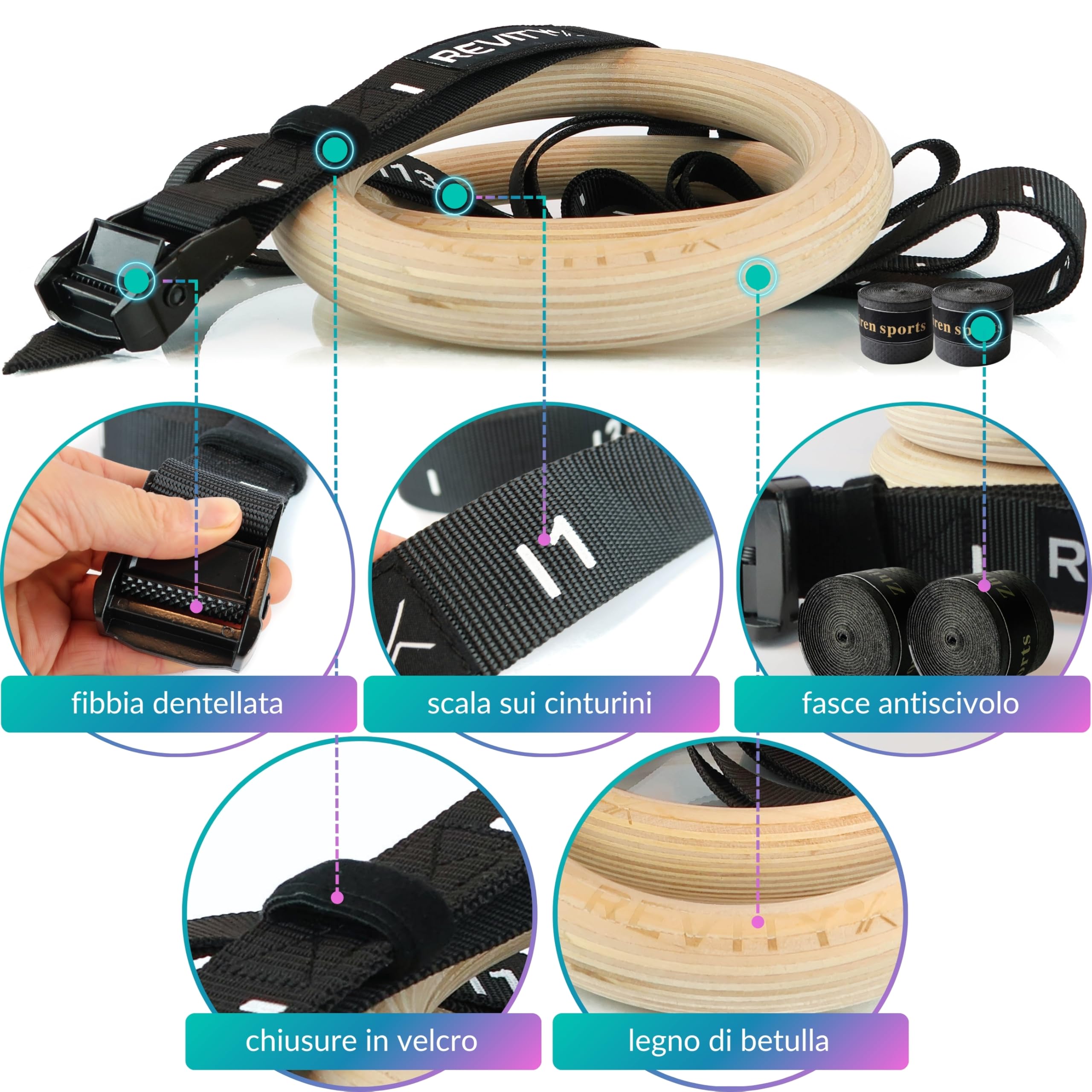 Anelli Calisthenics 32 mm - Anelli Ginnastica Legno per Crossfit e Palestra in Casa, Cinghie 450 x 3,8 cm con Marcature, Carico Massimo 250 kg, Nastri di Grip per Anello, Guida PDF