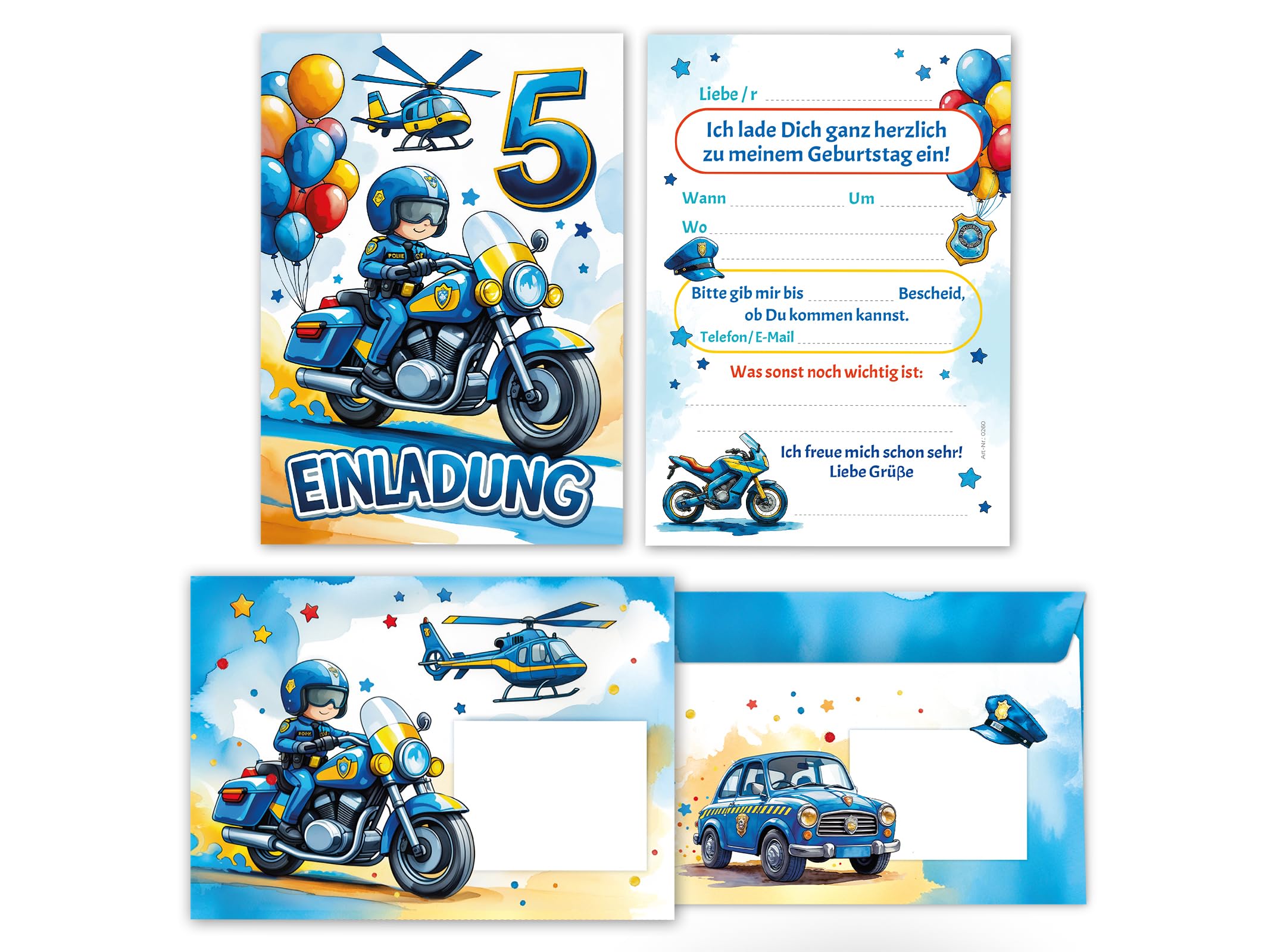Junaversum 12 Einladungskarten inkl. 12 Umschläge zum 5. Kindergeburtstag Jungen Polizei Junge Kinder coole bunte Einladungen fünfte Geburtstag Geburtstagseinladungen Kids