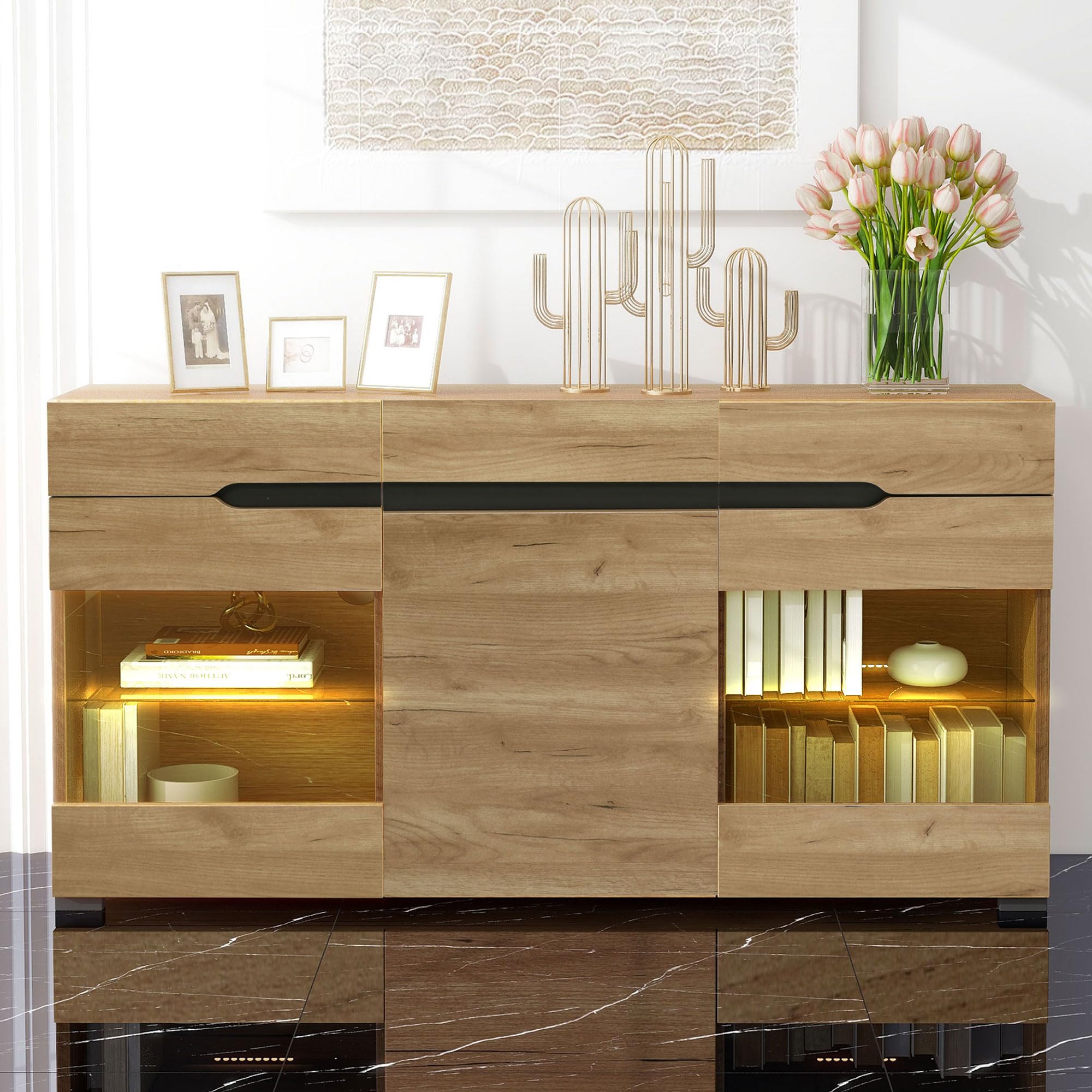Armario de aparador LED moderno, 3 puertas, 3 cajones, con mucho espacio de almacenamiento, para tu salón