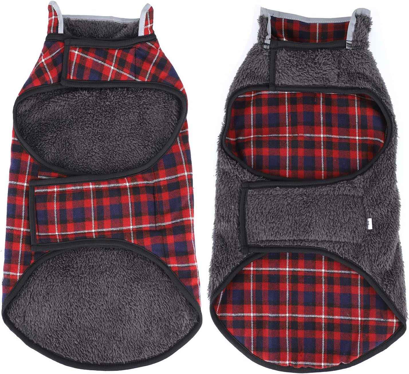 WEONE Dog Winter Coat Plaid Fleece Warm Christmas Clothes, Reflective Reversible Cold Weather Jacket for Small Puppy Dogs(Red,S)