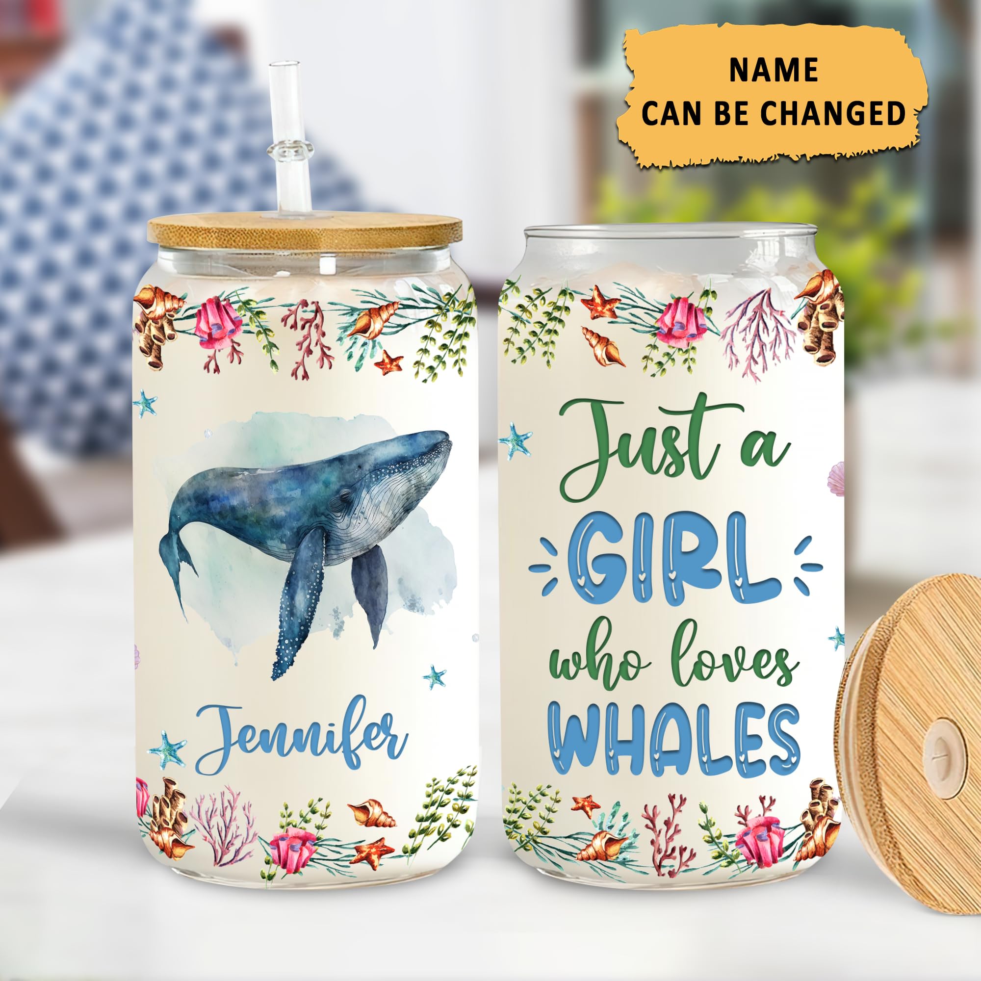 Hyturtle Personalized Glass Can Cup Gifts For Whale Lover - Custom Name Glass Cup 16 Oz For Her With Lids And Straws - Ideal Sea Animal Gifts For Women, Girls, Daughters On Birthday Christmas