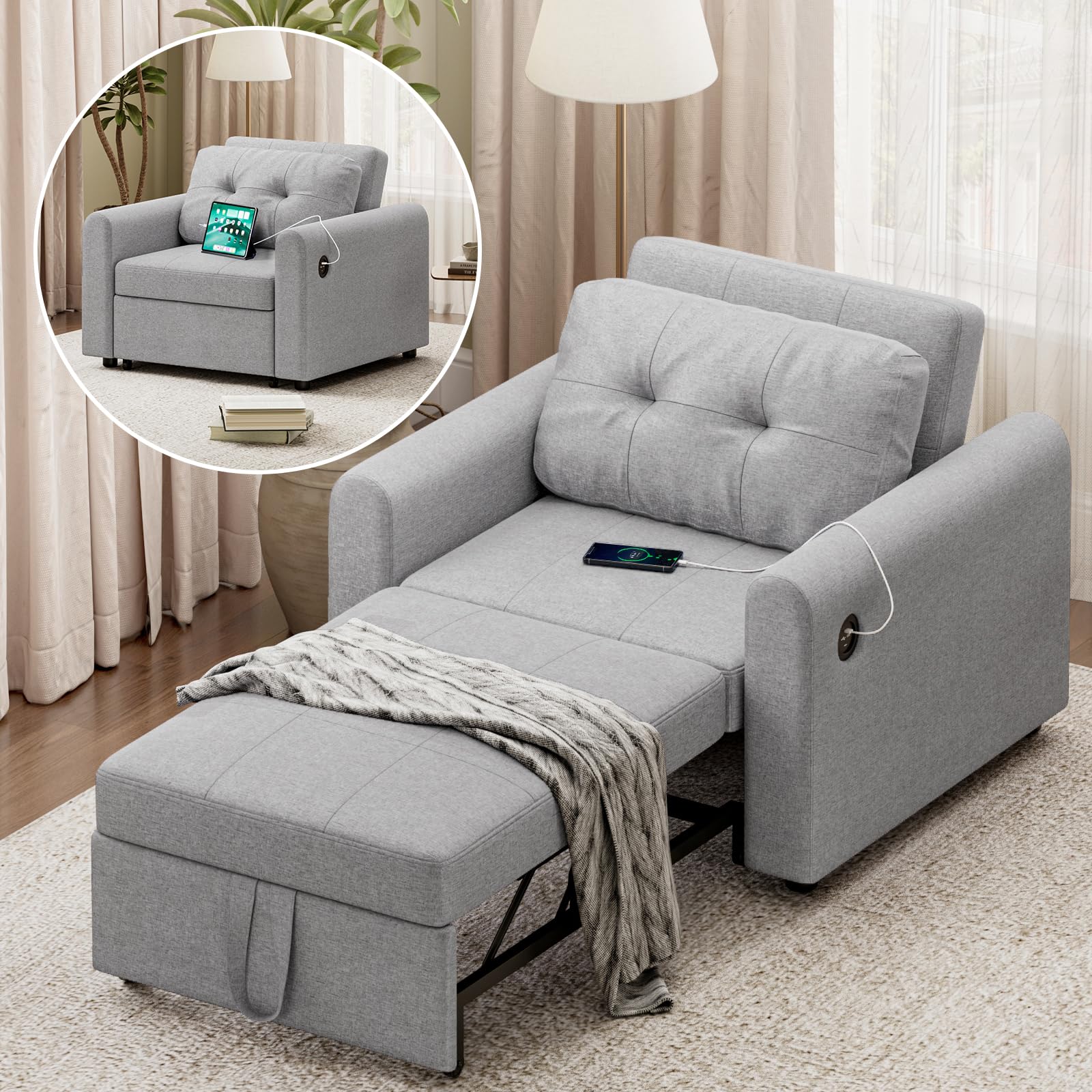 Single Sofa Bed, 3-in-1 Convertible Fabric Sleeper Sofa Couch Bed with Adjustable Backrest, USB & Type-C Charging Port and Side Pockets, Pull Out Sofa Beds for Living Room Guest Room, Grey
