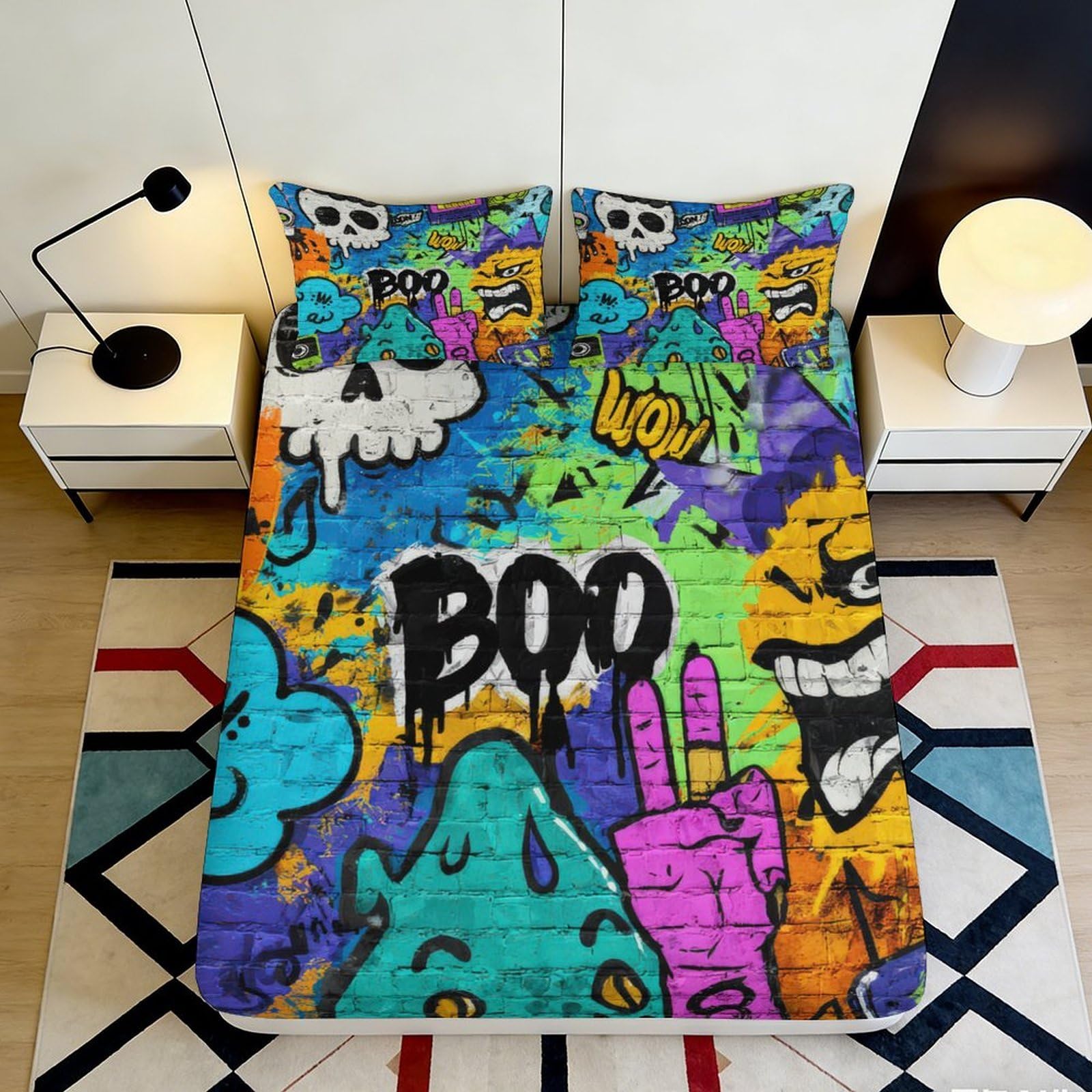 3D Printed Graffiti Cartoon Bed Sheet Microfiber Colourful Art Mattress Cover for Bedroom Guest Room Protection Decor 90x200x25cm