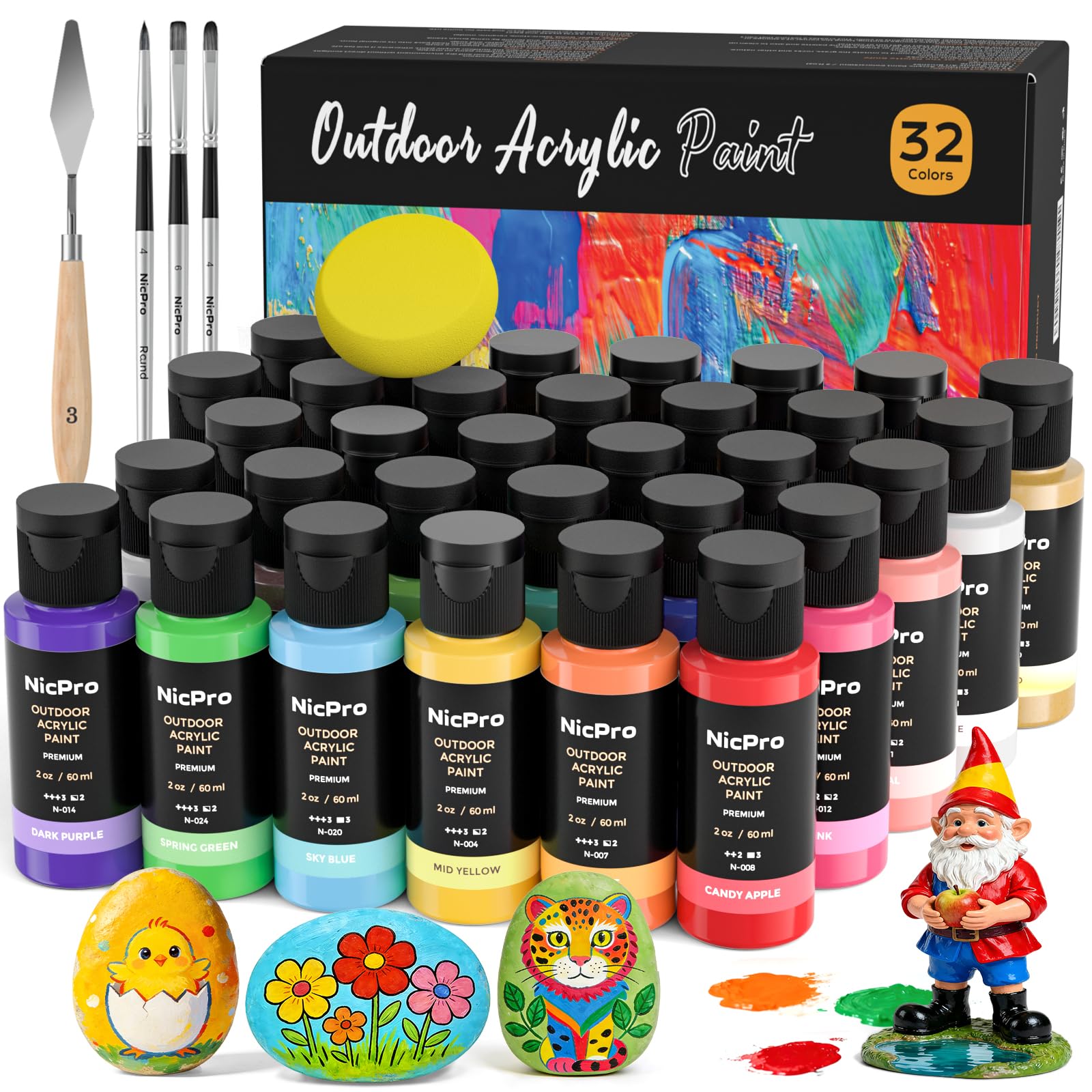 Nicpro Pintura acrílica, juego de 32 colores (2 onzas) Pintura artesanal con 3 pinceles, esponja y cuchillo de paleta, pigmentos ricos pintura de patio para rocas multisuperficie, madera, tela, cuero,