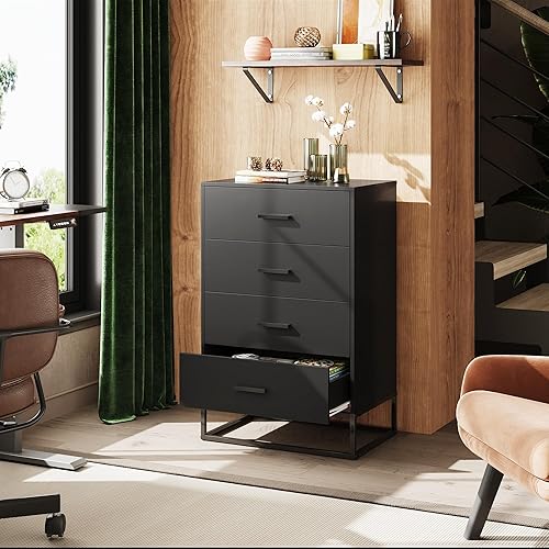 Miniatura 9 de WLIVE Black Dresser for Bedroom with 4 Drawers, Tall Wood Dresser with Sturdy Metal Frame, Wooden Chest of Drawers for Hallway, Living Room, Closet