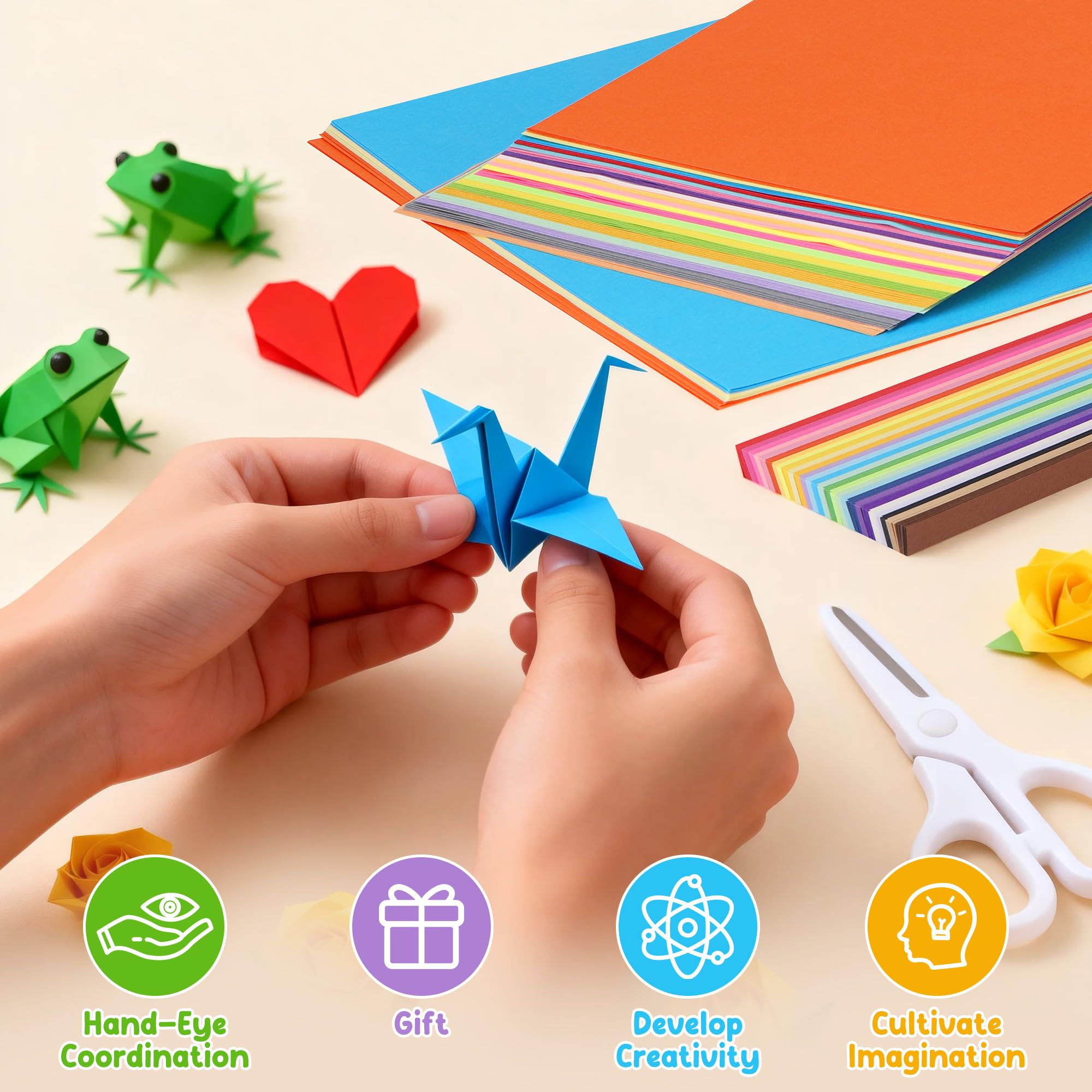 Juego de 840 Hojas de Papel Origami, 20 Colores, Doble Cara, 10/15/20 cm + Tiras, Manualidades