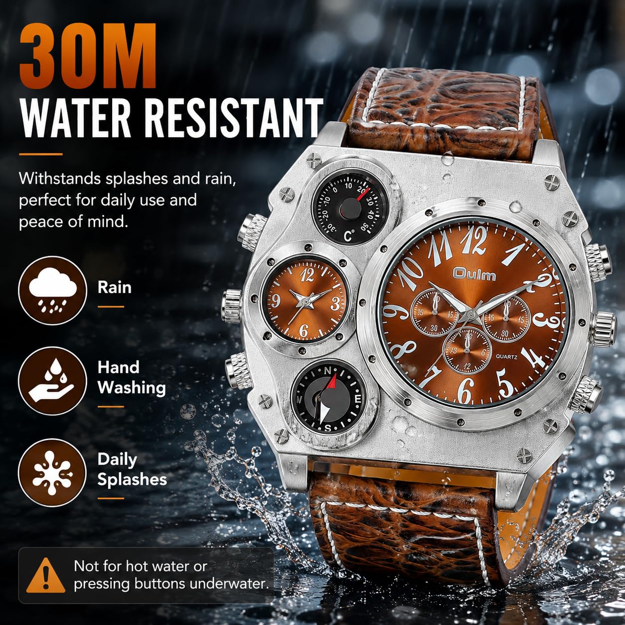 MASTOP Montre à quartz multifonction surdimensionnée pour homme avec grand cadran, double fuseaux horaires, boussole décorative et thermomètre, style militaire steampunk bracelet en cuir, cadeau pour