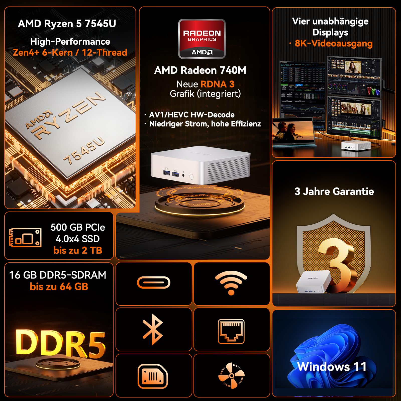 GEEKOM A7 Mini PC mit AMD Ryzen 5 7545U(stärker 7730U/6600U), 16GB DDR5 | 500GB SSD Business Mini Desktop PC, AMD Radeon 740M | 6xUSB | 8K, Ideal für Home Office/Kreatives Design