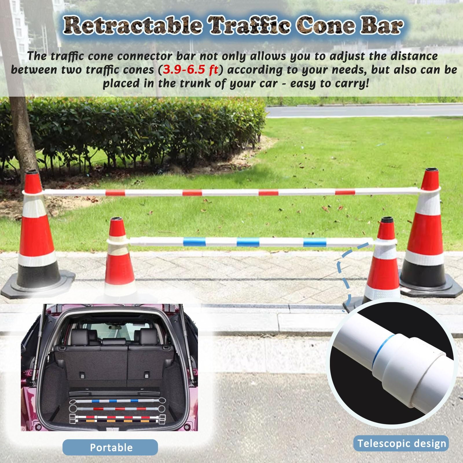 Un Cono Reflectante de señalización Vial, con Conector portátil Ajustable, Apto para Obras Viales, recintos para Eventos y Pistas de Entrenamiento Ecuestre (Azul y Blanco, Circular).