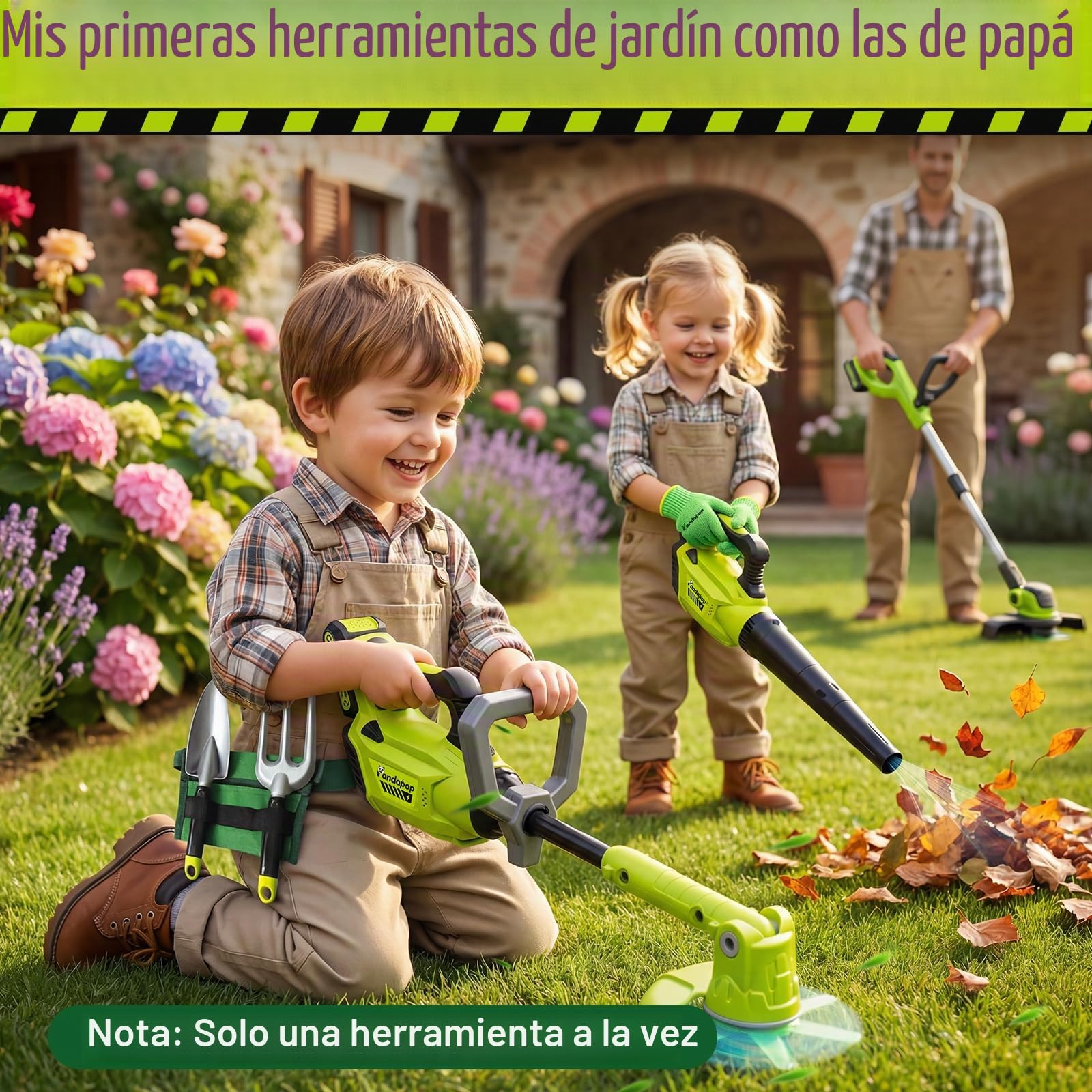 Pandapop 2 In 1 Herramientas Juguete, Desbrozadora Juguete con Luces, Soplador De Hojas con Efectos De Sonido, Herramientas Niños 3 Años con Cinturón De Herramientas Y Guantes
