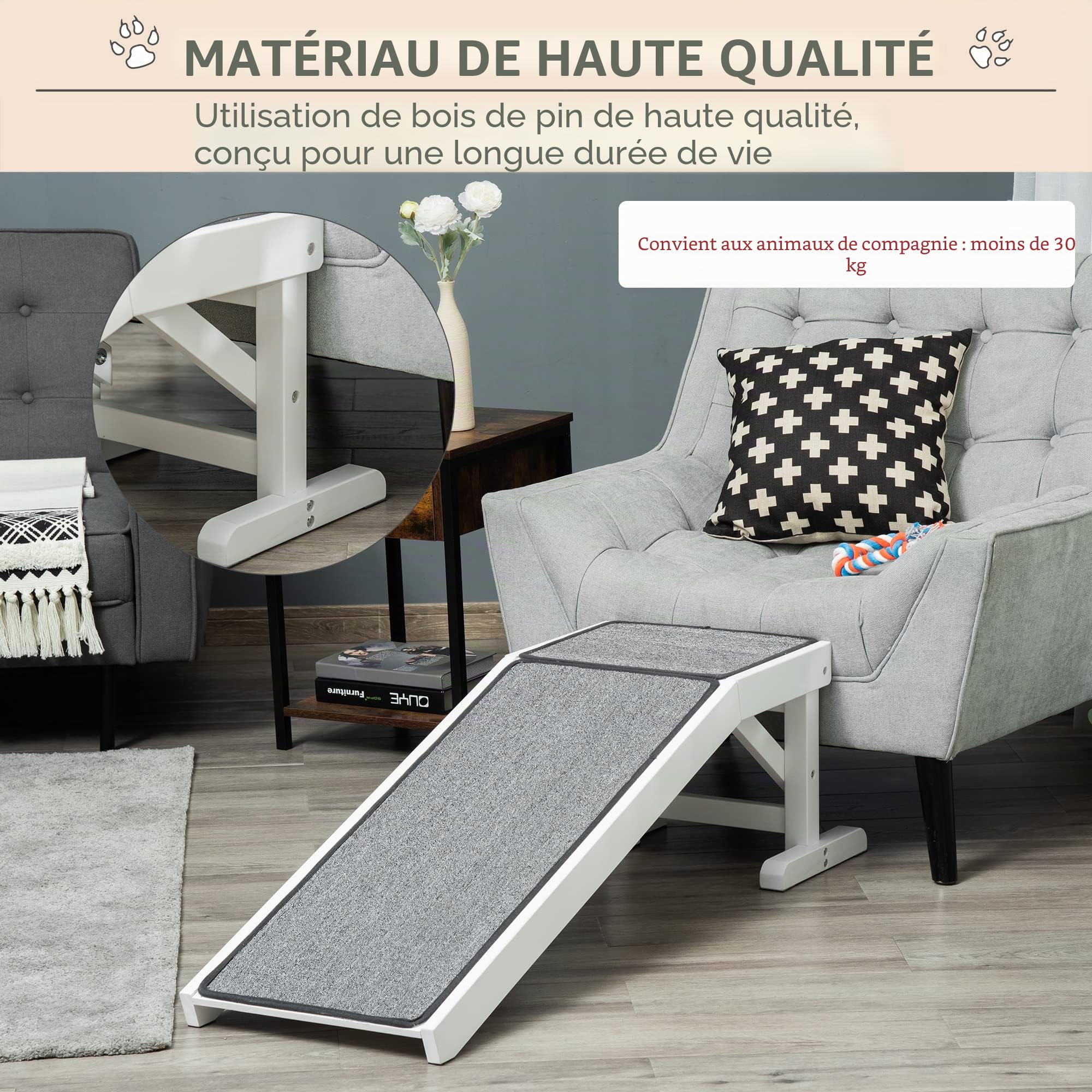 PawHut Rampe pour Animaux de Compagnie avec Tapis antidérapant échelle pour Animaux de Compagnie Rampe pour Chiens jusqu'à 30 kg Bois de pin Polyester Blanc+Gris 125 x 40 x 35,5 cm