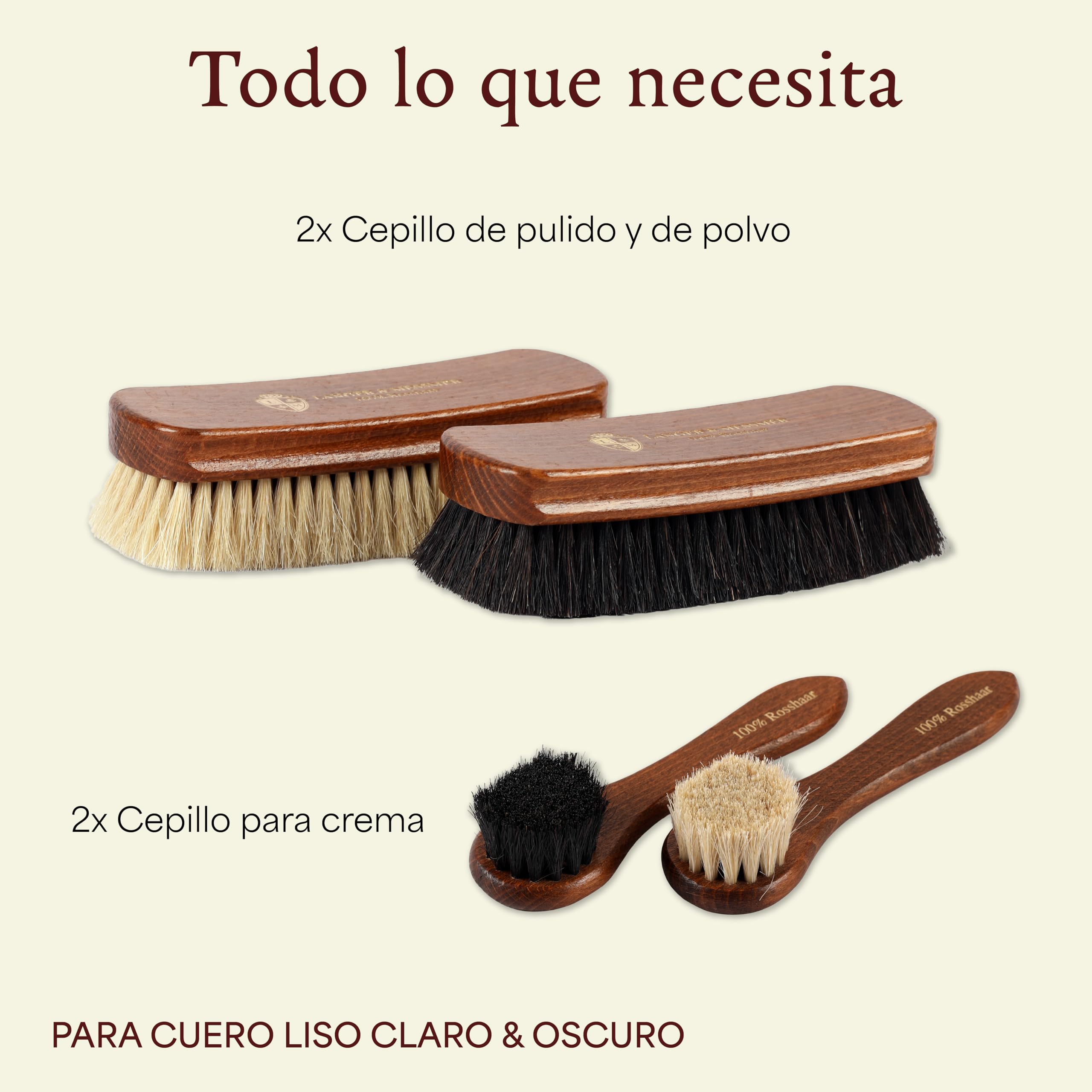 Langer & Messmer Juego de cepillos para Calzado de Crin de Caballo y Pelo de Cabra para el Cuidado Profesional del Calzado de Cuero Liso - Esencial Set de 4