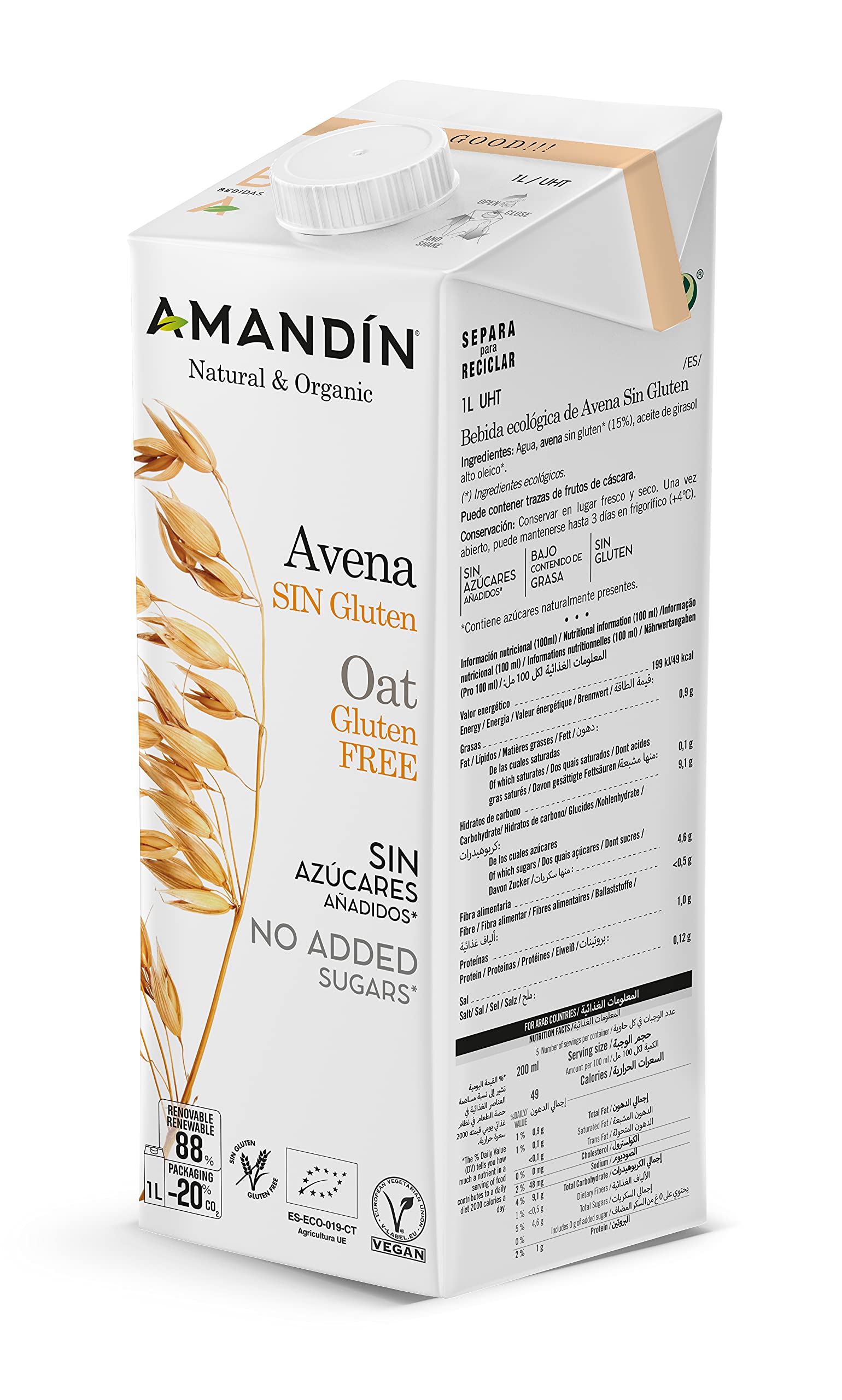 Amandin Bebida Ecológica De Avena Sin Gluten 1 L