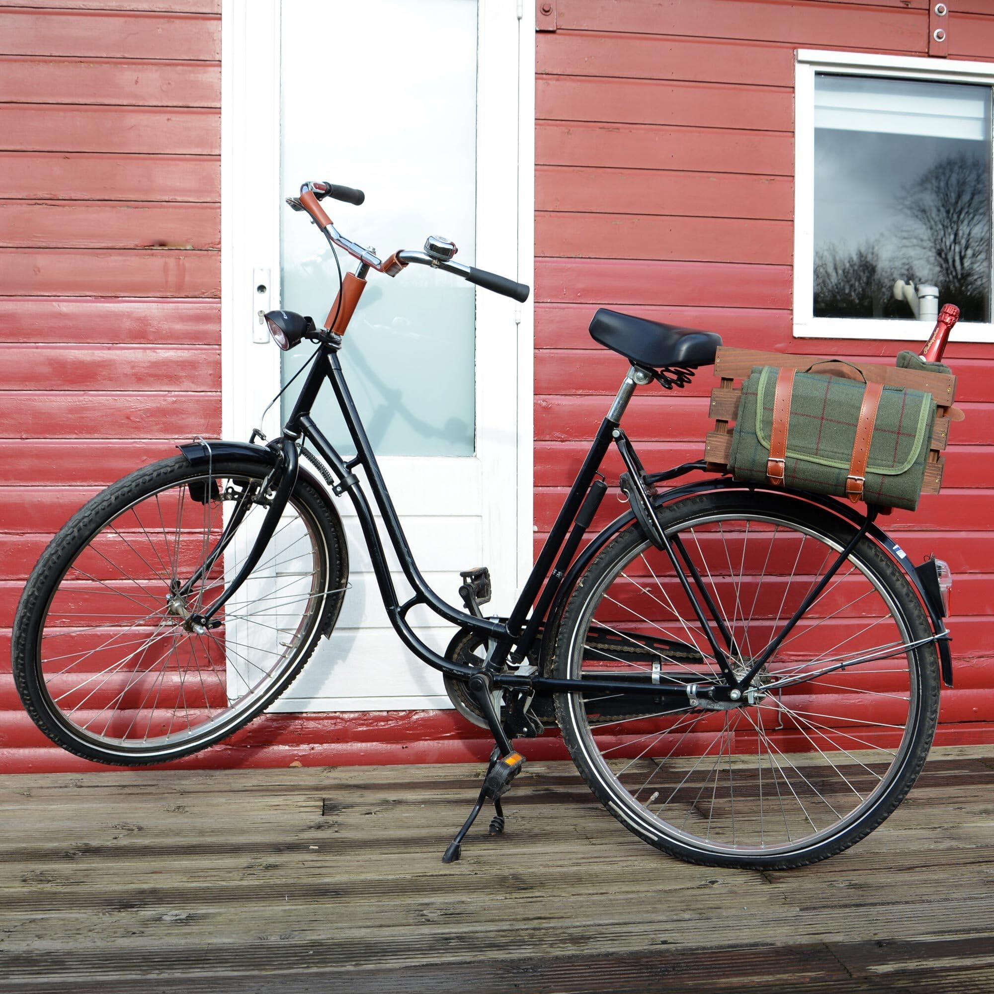 UNUS Fahrradkiste Fahrradkorb Holzkiste für hinten mit Picknickdecke und Flaschenhalter