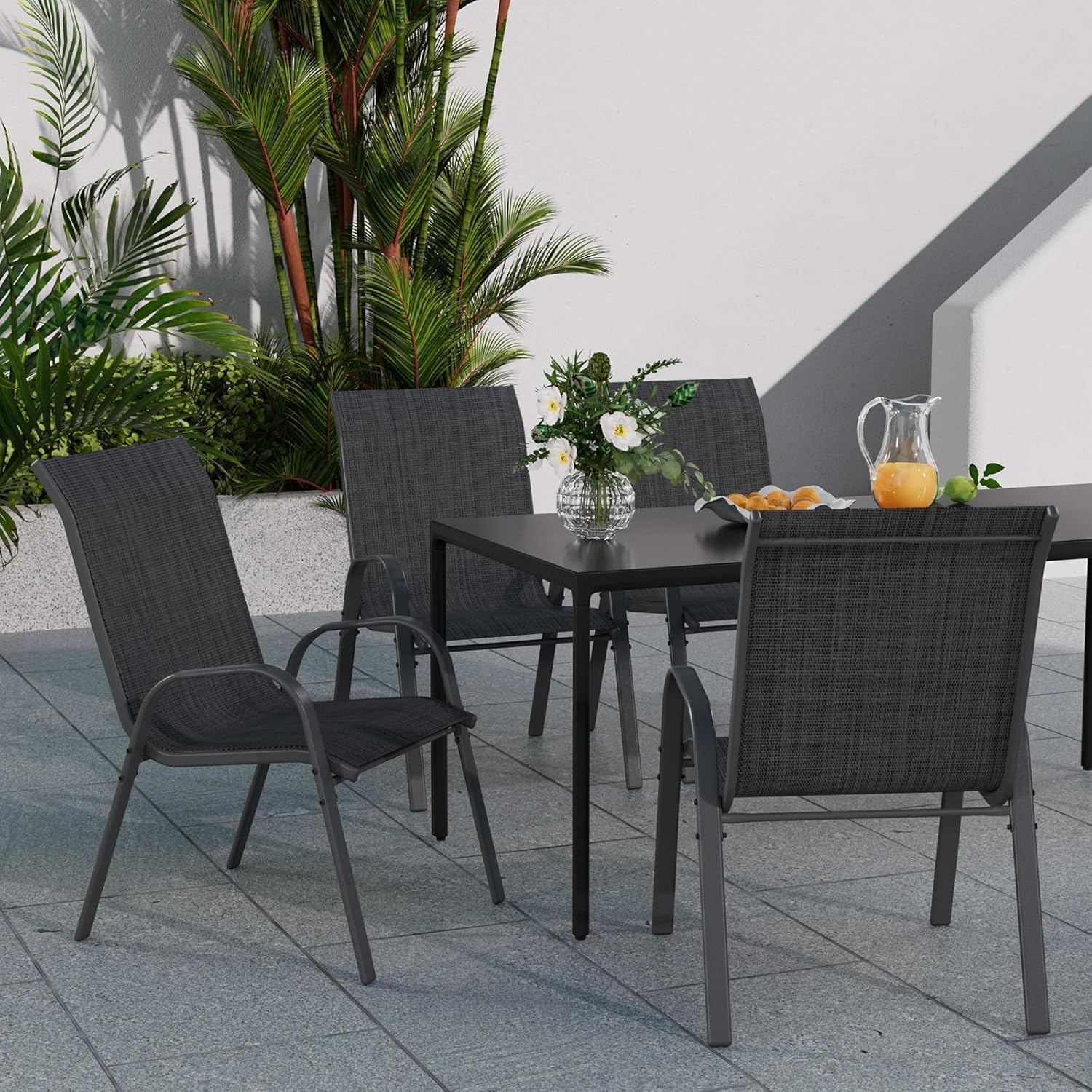 UDPATIO Set di 6 Sedie da Giardino Impilabili, 62 x 67 x 96 cm Sedie Esterno con Schienale Alto e Braccioli, Tessuto Textilene e Struttura Metallo per Esterno e Terrazze, Nero