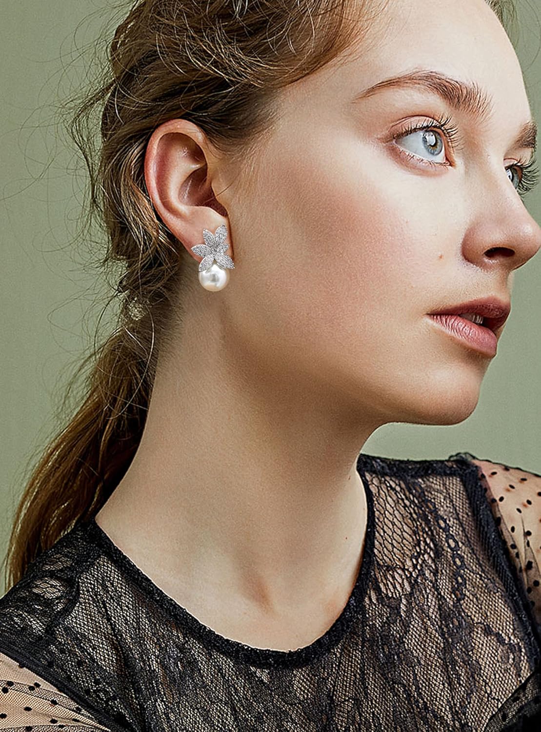 Cubic Zirconia Pearl Stud Earrings Bride Wedding Earrings for Women Prom - Image 2