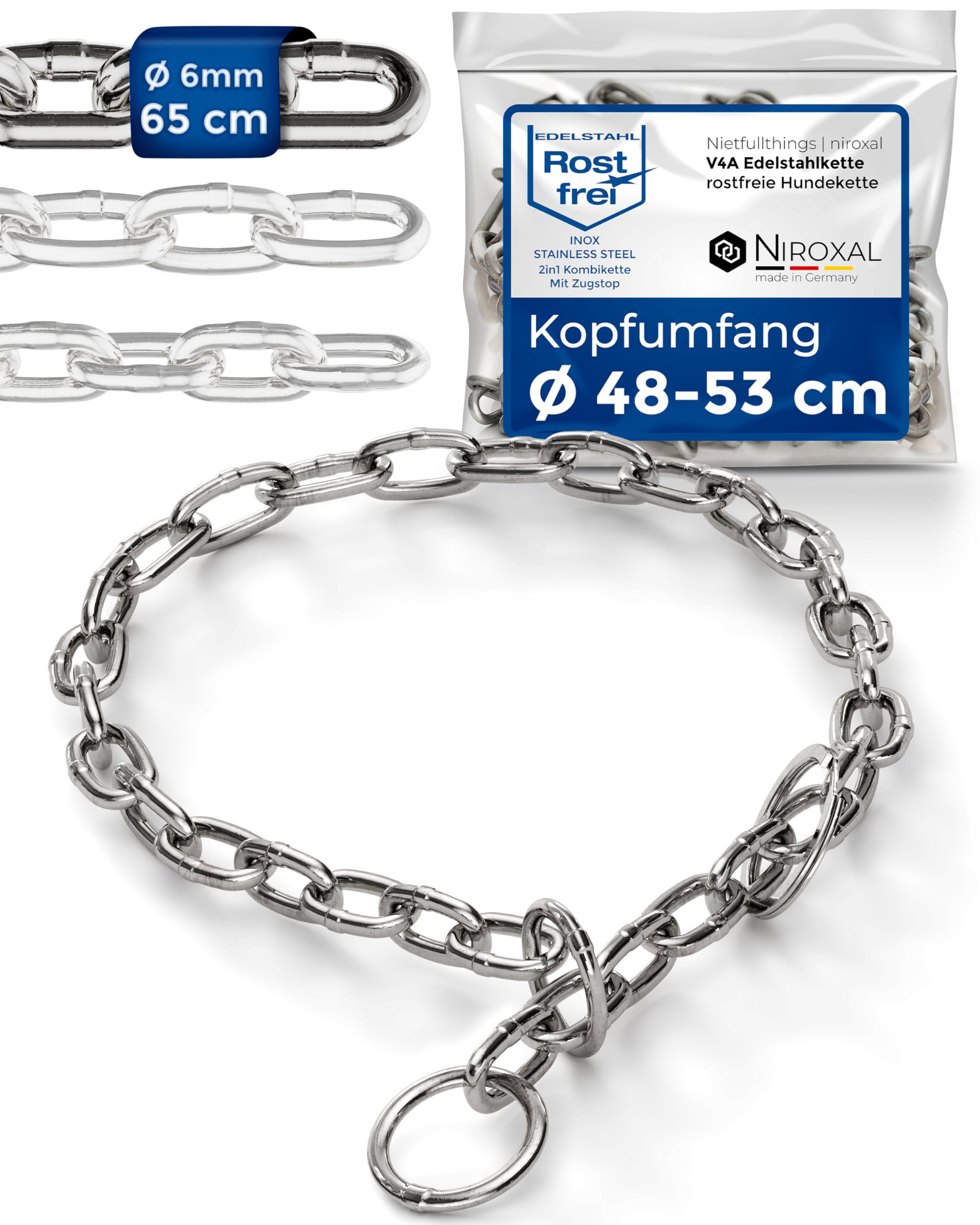 Hundekette Edelstahl Trainingskette/Kettenwürger kurzgliedrig mit Zugstopp – 6 mm x 65 cm