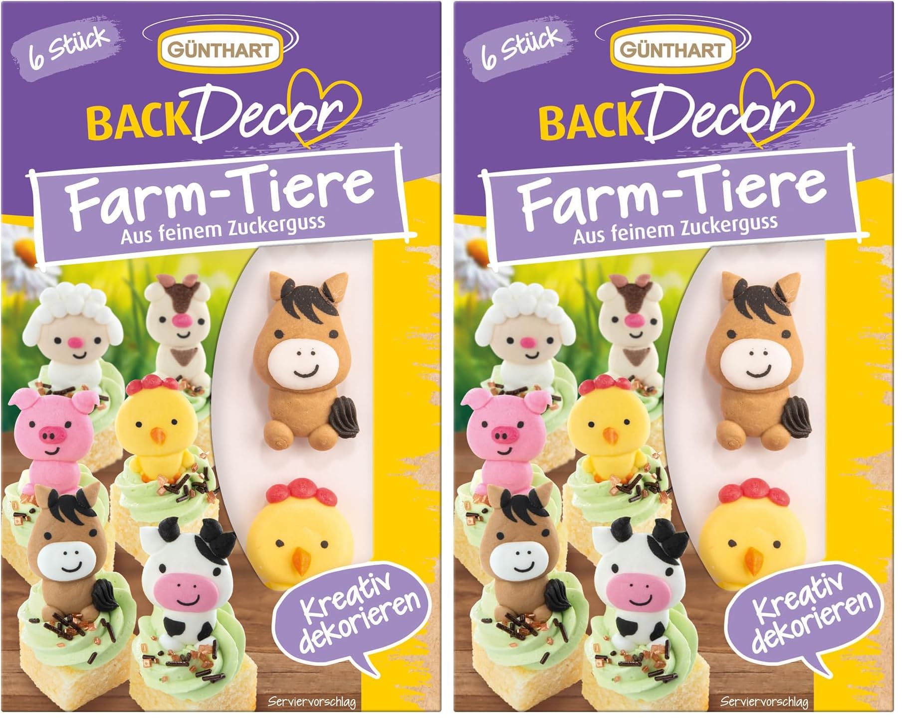 Günthart BackDecor 6 Stück essbare Farm Zuckerdekore als Schaf, Kuh, Schwein, Ziege, Pferd und Huhn aus feinem Zuckerguss, 1er Set (18 gr) (Packung mit 2)