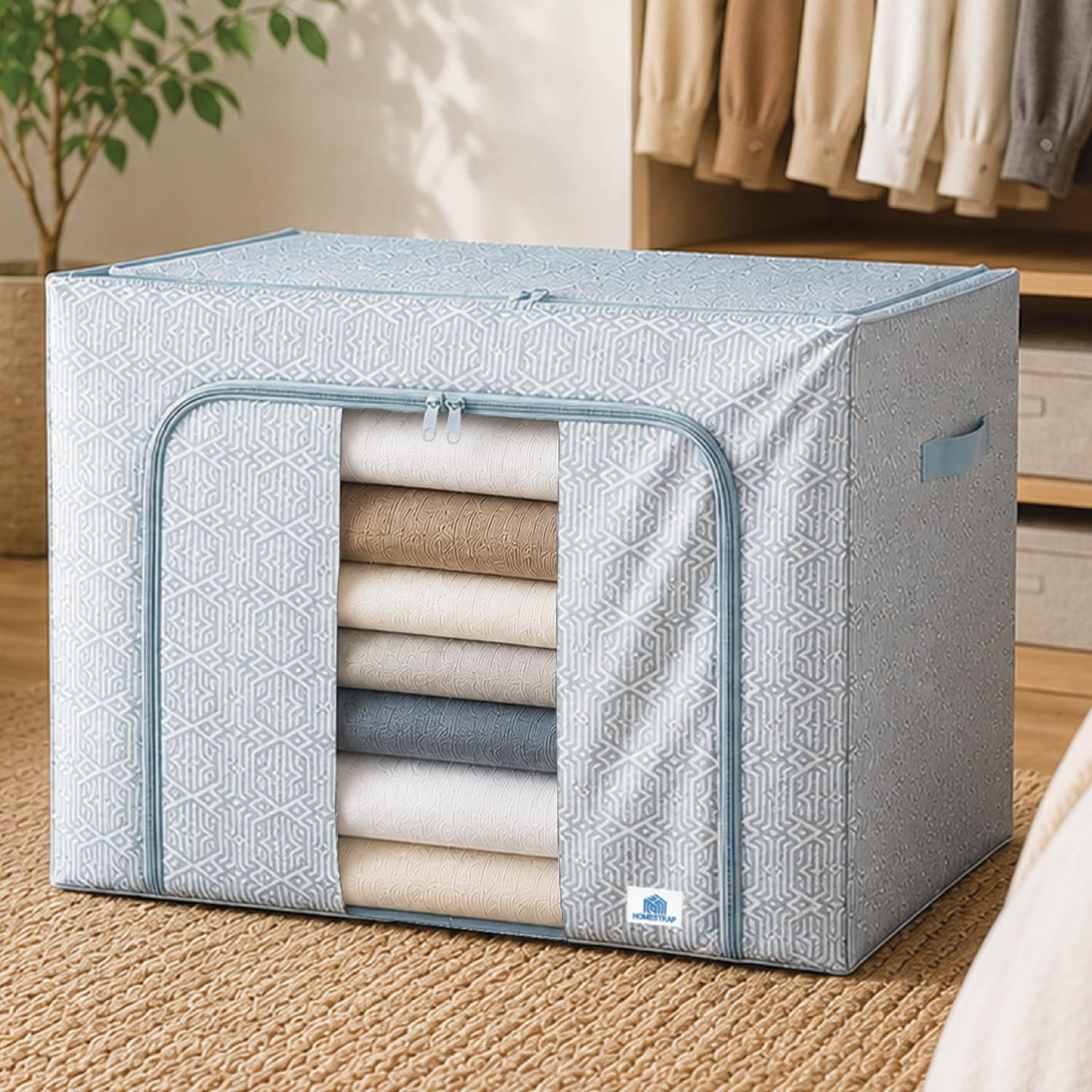 HomeStrap 100L Foldable Large Living Box | Oxford Fabric Organizer with Stainless Steel Frame, Transparent Window, Zipper & Handles | Ideal for Comforters, Clothes, Quilts (Pack of 1)-picture-28