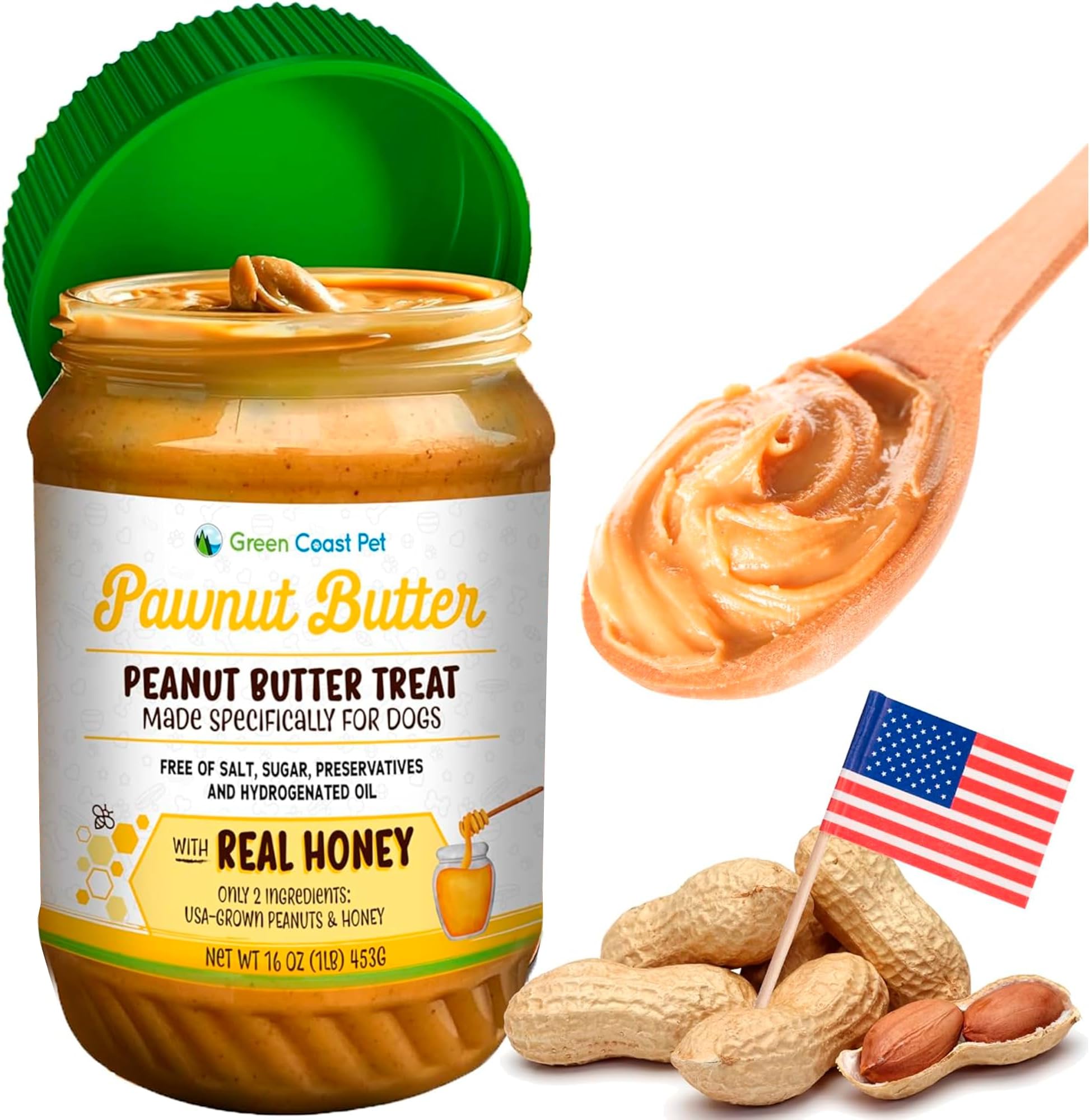 Pawnut Butter with Honey | Xylitol-Free | Made in USA | 16 oz Jar | Natural Limited Ingredient, Dog Safe, 100% Healthy Dog Treats, Xylitol Free, No Sugar, Digestive Support