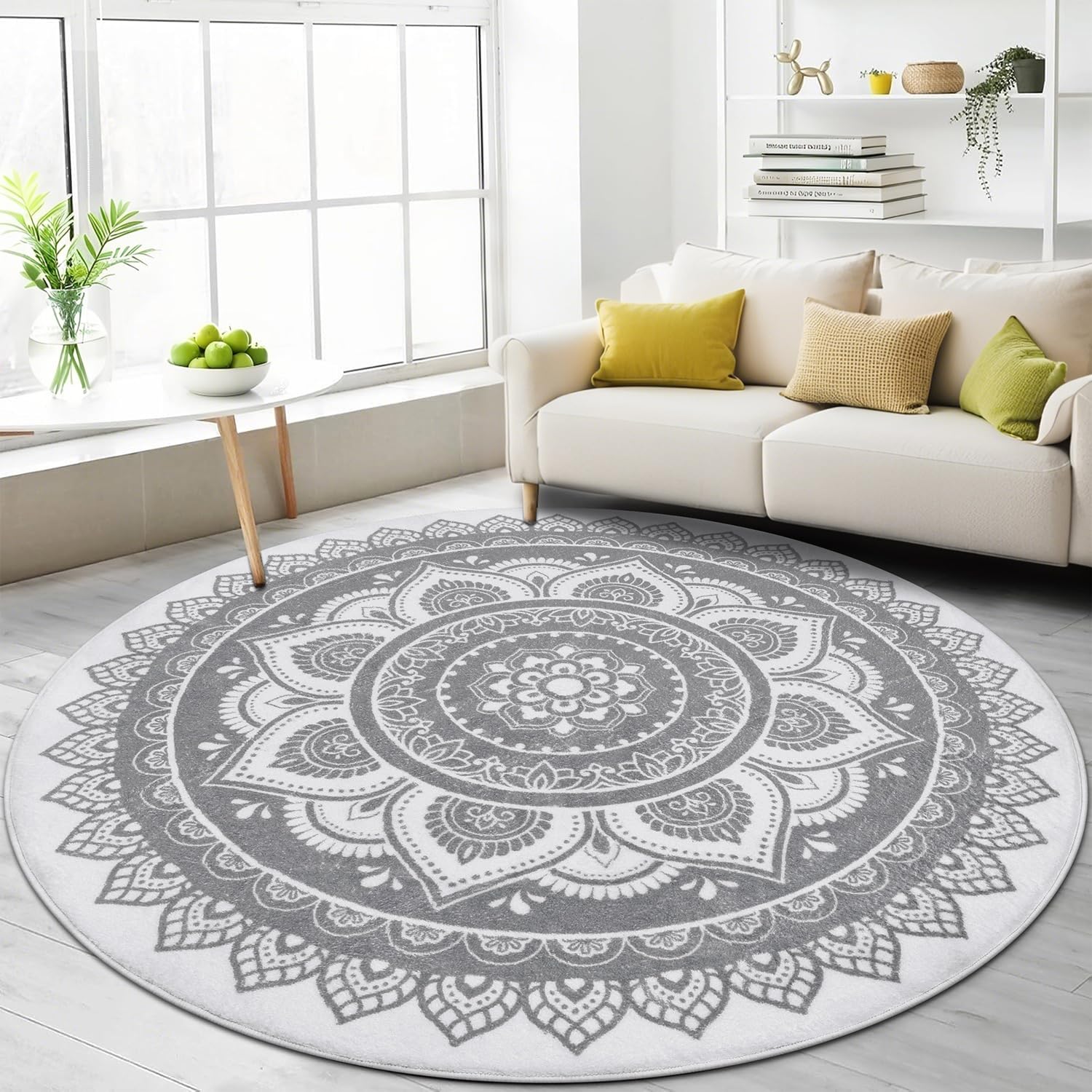 SHACOS Alfombra Redonda 120 cm Gris Pelo Corto Alfombra de Habitación Redonda Suave Mandala Antideslizante Lavable Alfombra Circular Decorativa para Salón Dormitorio Comedor