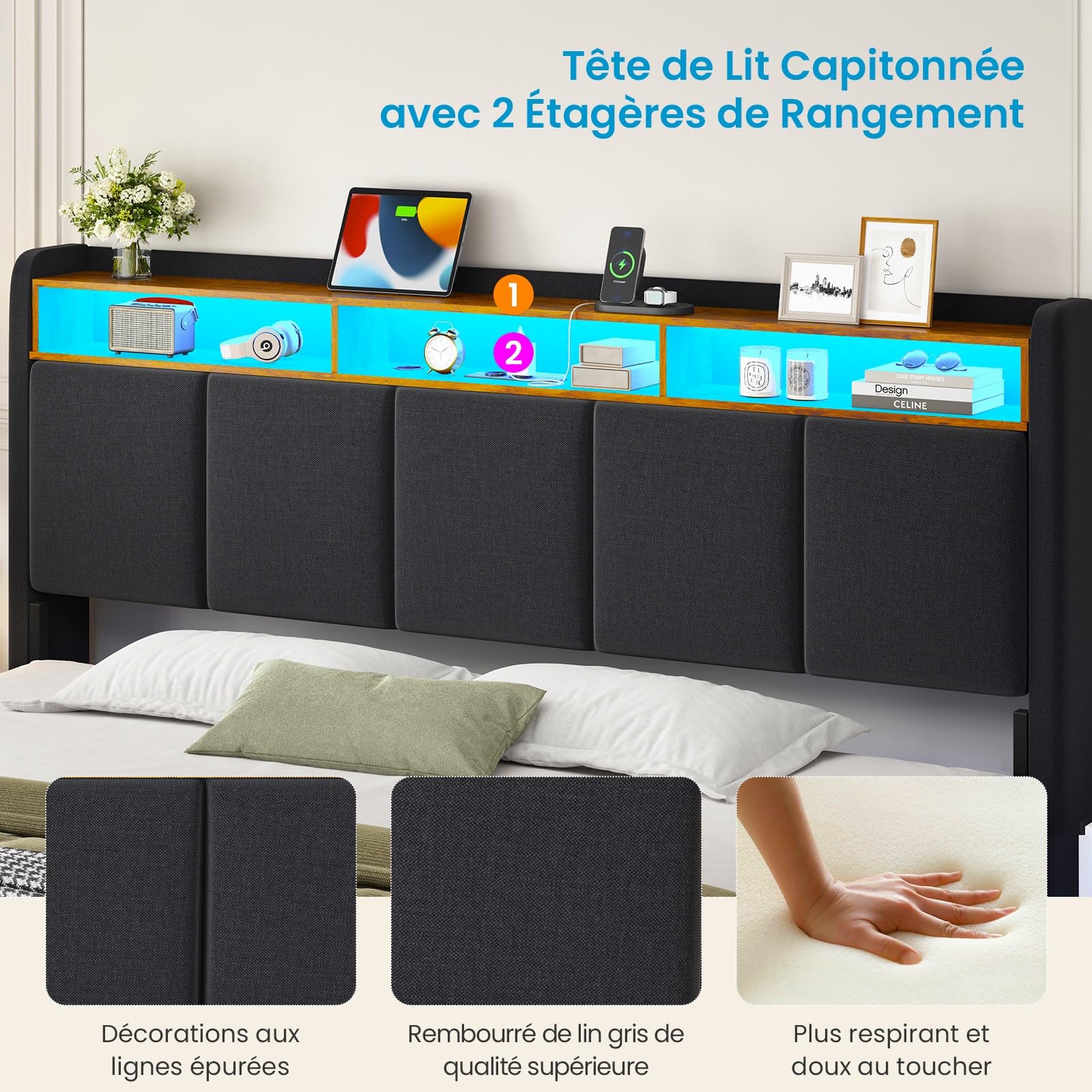 Brinlawb Lit 180x200 avec Sommier, Cadre de lit 180x200cm avec Éclairage LED et 2 Prises CA & 2 Ports USB, Tête de lit Rembourrée avec Rangement, Structure Stable, Effet Flottant, Tissu en Lin, Gris