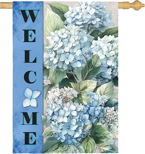 Miniatura 52 de Banderas de jardín de hortensias de bienvenida para primavera y verano, impermeable, bandera de jardín floral azul para exteriores, flores