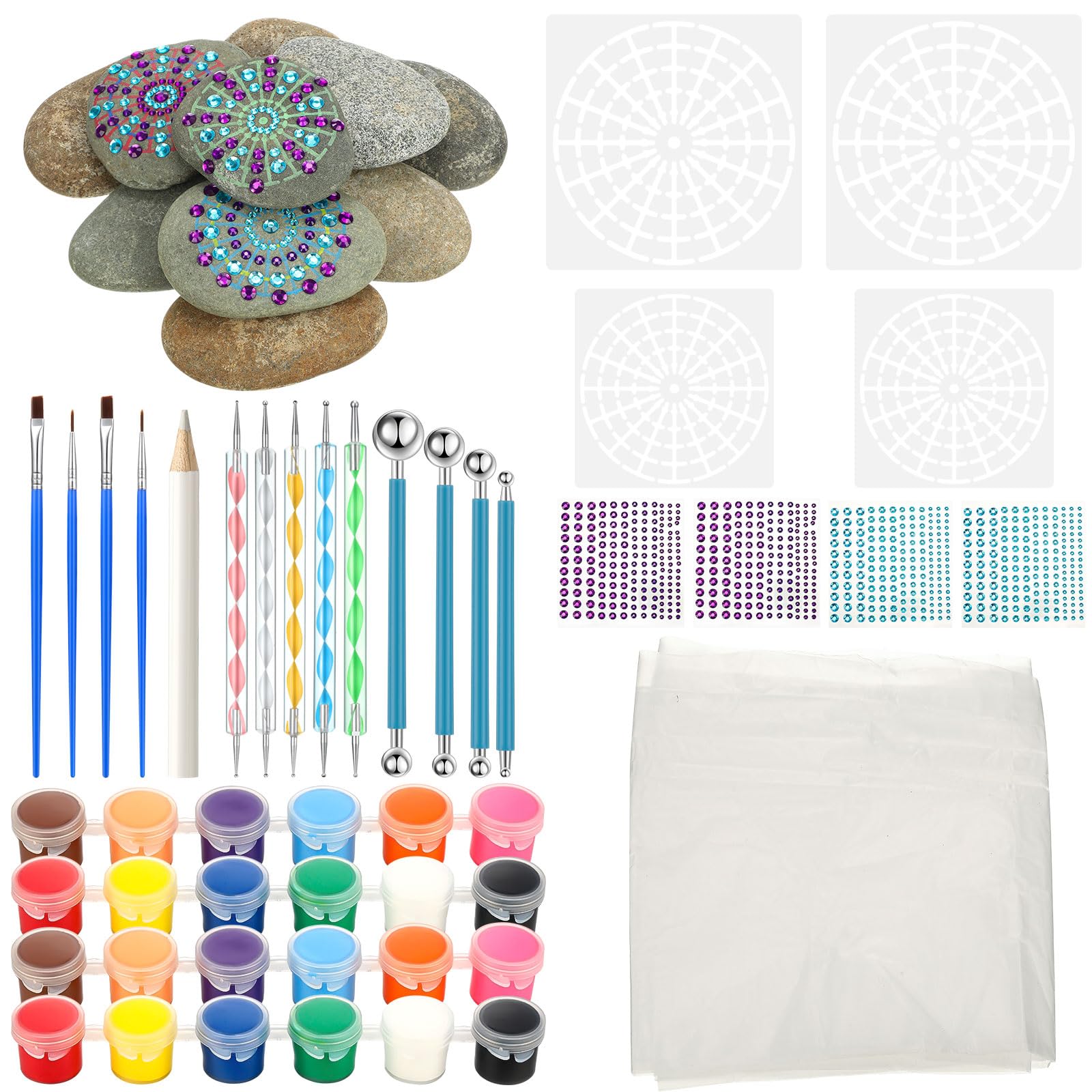 RoundFunny Mandala Rock Painting Kit - 10 Pcs Flat Rocks for Painting 3-4 Inches, Mandala Dotting Tools Kit for DIY Arts & Crafting