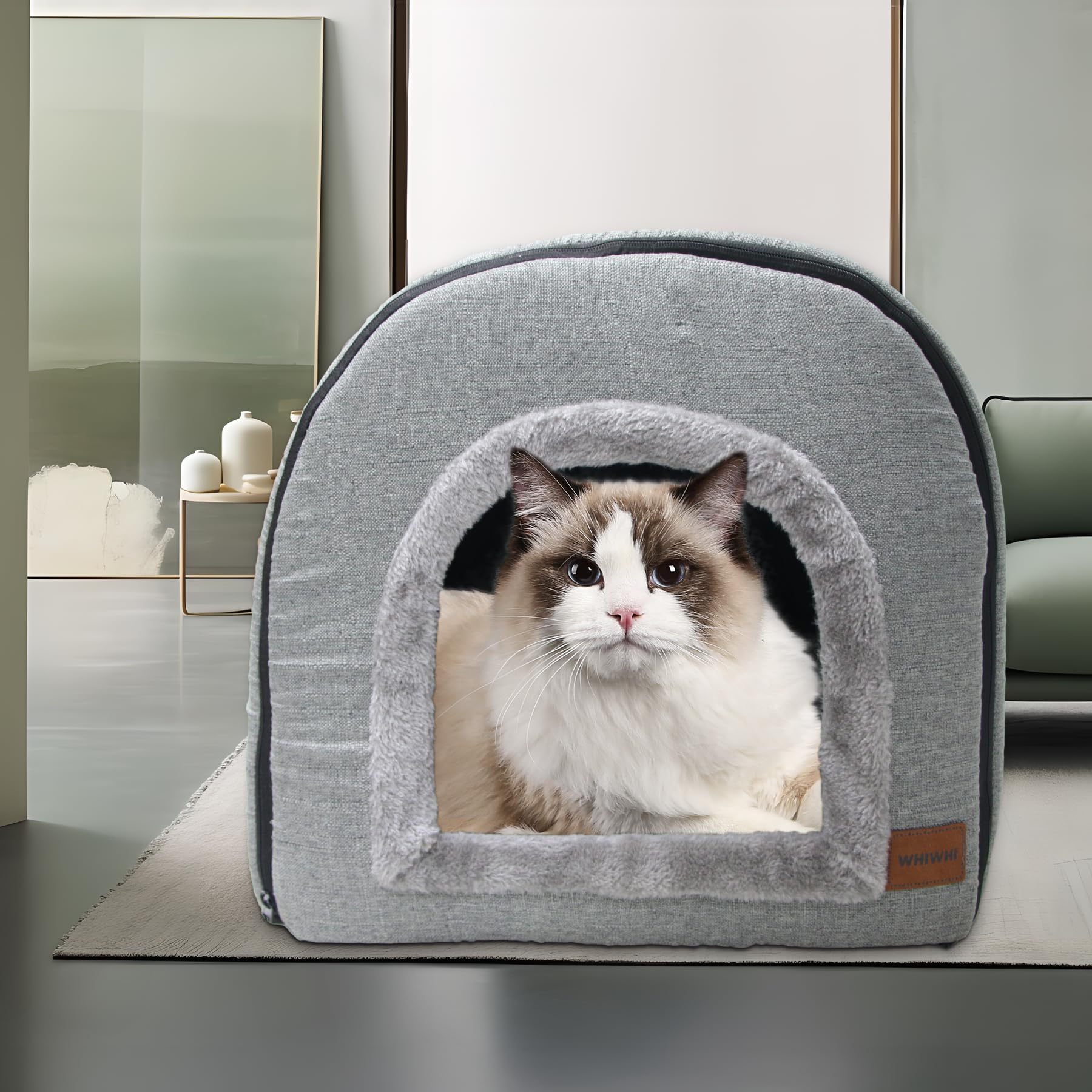 Cuccia per Gatti per Interni, Letto Grotta per Gatti con Peluche, Cuscino per Gatti, Casa per Dormire per Animali Domestici, Cuccia Pieghevole per Cani 50x42x42cm (Grigio)