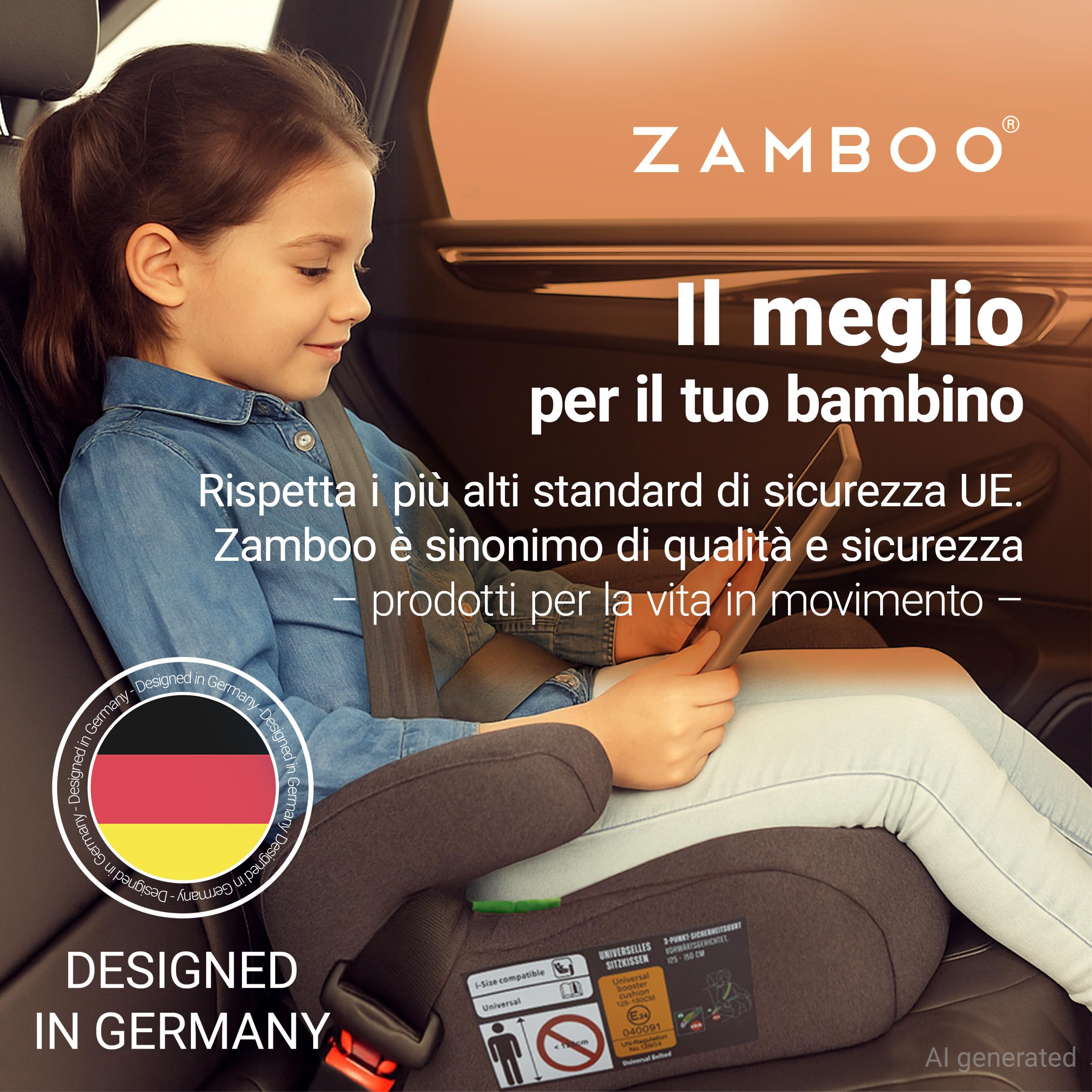 Zamboo rialzo auto i-Size 125–150 cm | fissaggio con cintura a 3 punti, omologato ECE R129/04 | alzatina auto bimbi imbottito con rivestimento sfoderabile e lavabile – grigio