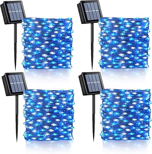 Miniatura 15 de YEGUO Paquete de 4 luces solares blancas, cada 33 pies 100 luces LED de Navidad impermeables para exteriores, 8 modos de alambre plateado