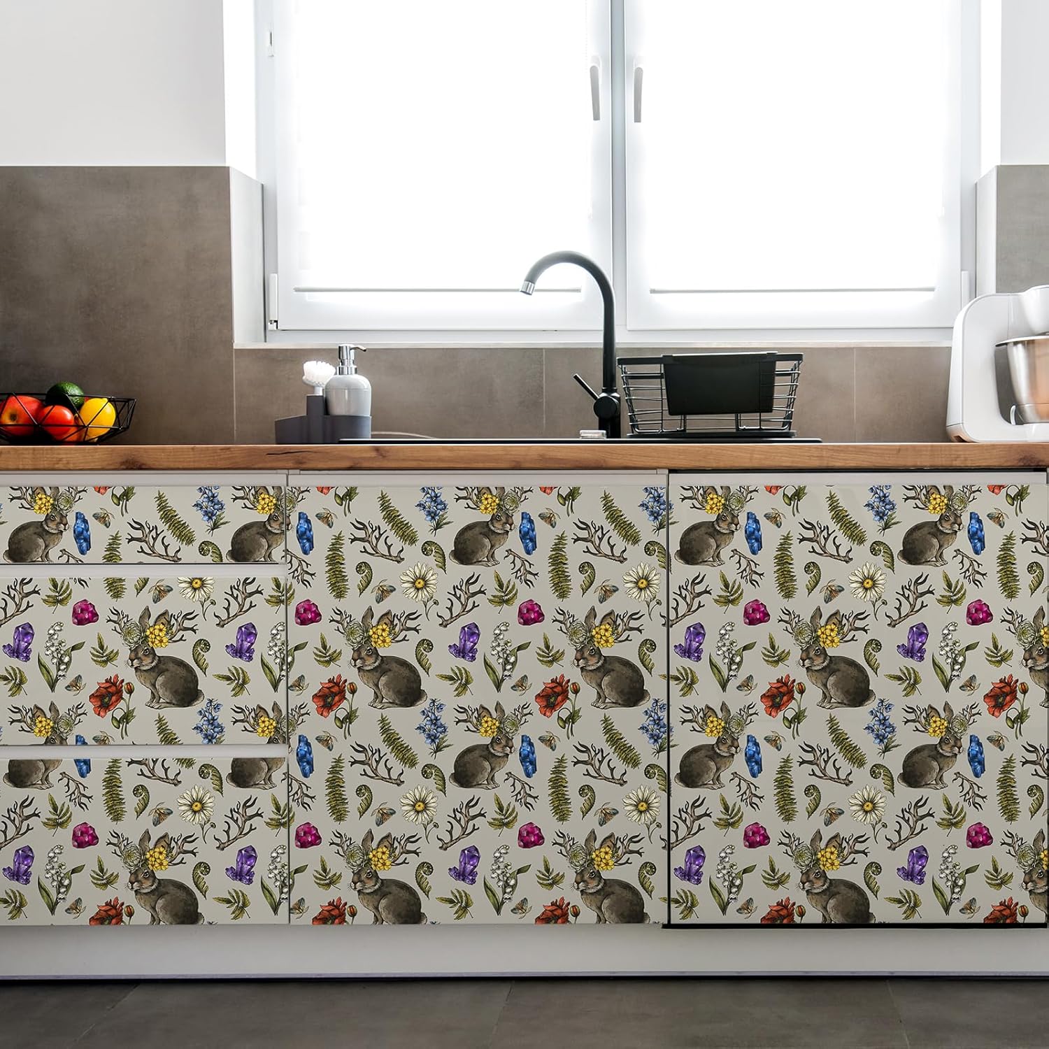 Whimsical Rabbit Wallpaper Stick and Peel Forest Floral Antler Bunny Wallpaper Fairy Tale Colorful Crystal Hare Contact Paper Self Adhesive Flower Leaf Beige Wall Paper for Bedroom 12"x118"
