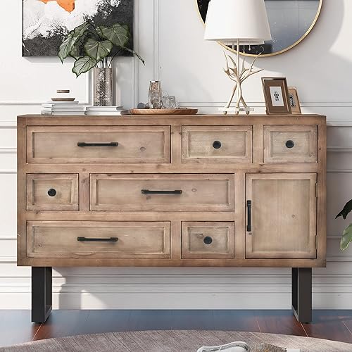 Miniatura 1 de Daxue Mesa de consola de madera desgastada mesa de sofá aparador de madera con 7 cajones y 1 estante de almacenamiento mesa decorativa para entrada