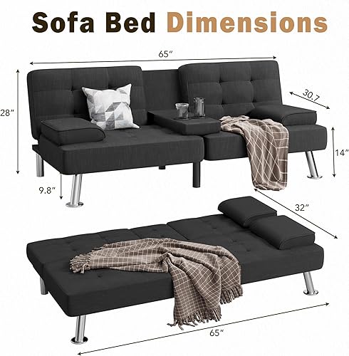 Miniatura 2 de Shahoo Moderno sofá cama plegable tapizado de lino con reposabrazos extraíbles, patas de metal, 2 portavasos para sala de estar, color negro