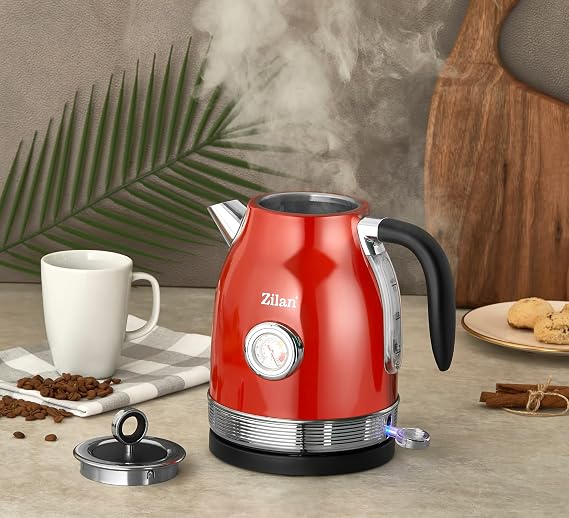 ZLN7033 retro kettle of the 60s, 1.7 liters, 100% BPA free, 2000 Watt, stainless steel interior, with analog temperature display, tea machine, automatic shut-off, indicator lamp