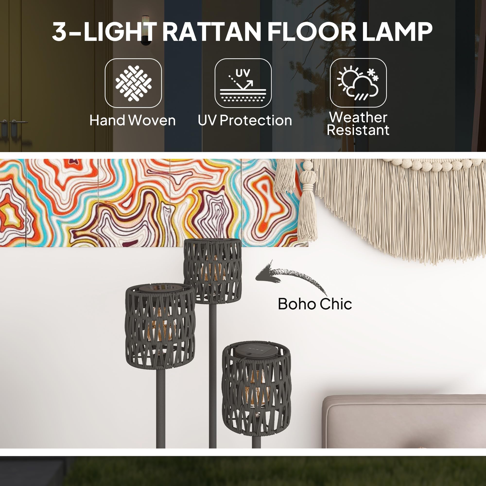 Outsunny Lámpara de pie de ratán bohemia, lámpara de ratán de 3 luces con estante, luz solar de jardín independiente con luces de encendido/apagado automático, IP44 impermeable para porche, camino