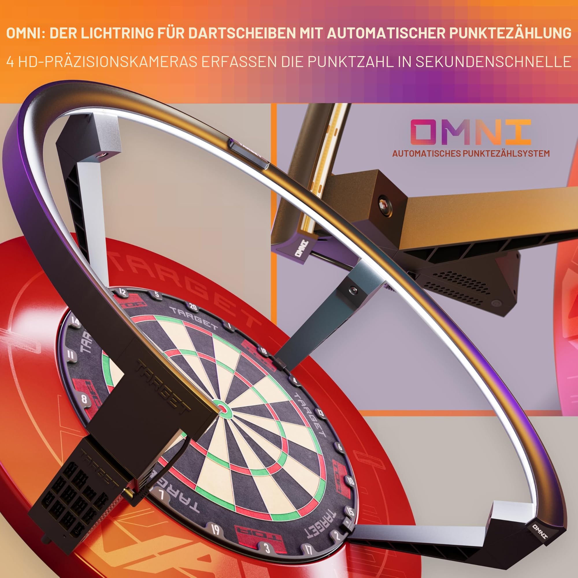 TARGET Darts Omni Dartboard mit automatische Punktzahlberechnung und LED-Beleuchtung | Dartscheibe mit Punktezählkamera, Magnetisches Dartscheiben Beleuchtungssystem, Surround Ringbeleuchtung
