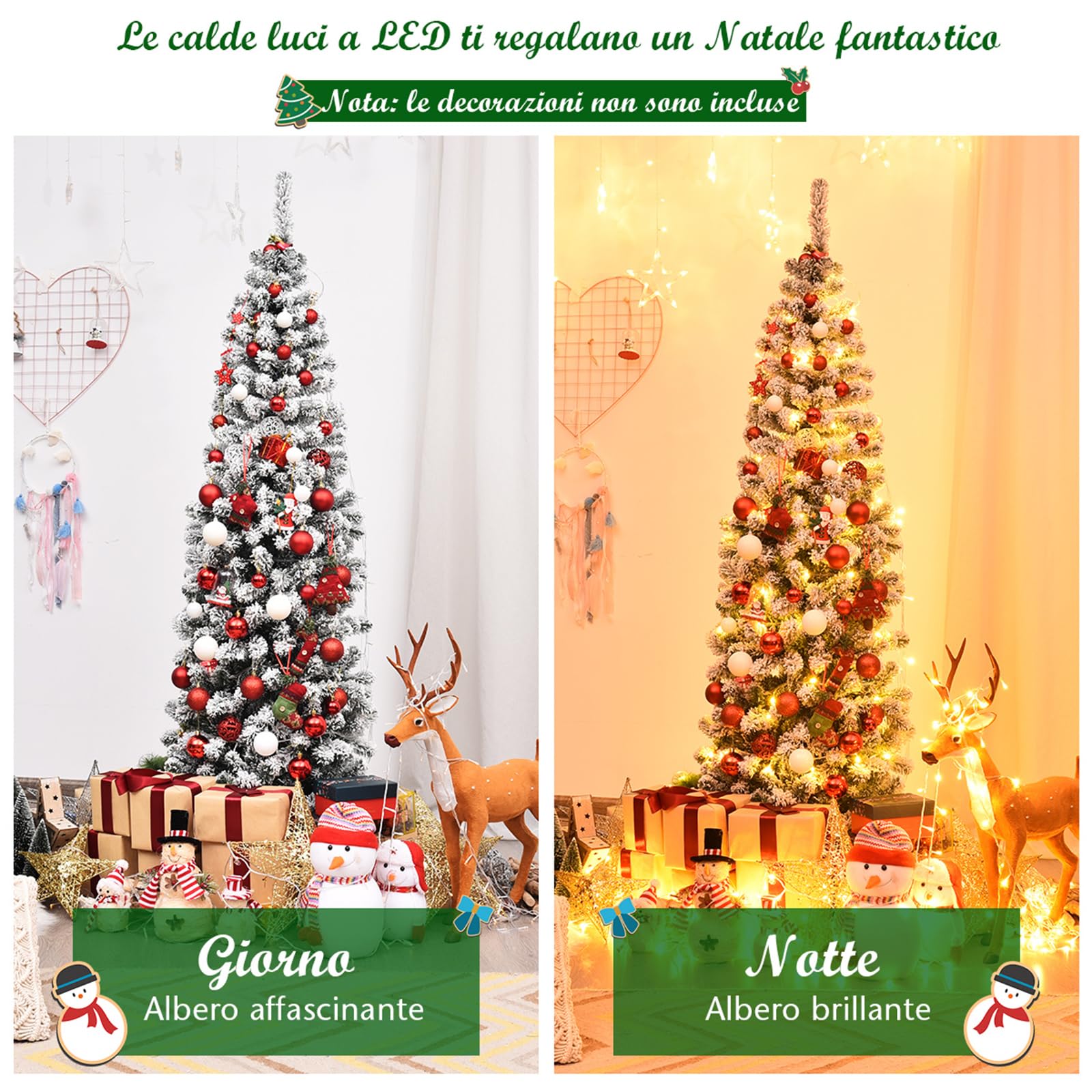 COSTWAY Albero di Natale Slim 135/180/225 cm, Albero di Natale Innevato con 150/250/350 Luci LED, 242/500/641 Rami e Base di Metallo, Decorazione Natalizia per Casa e Negozio (180 CM)