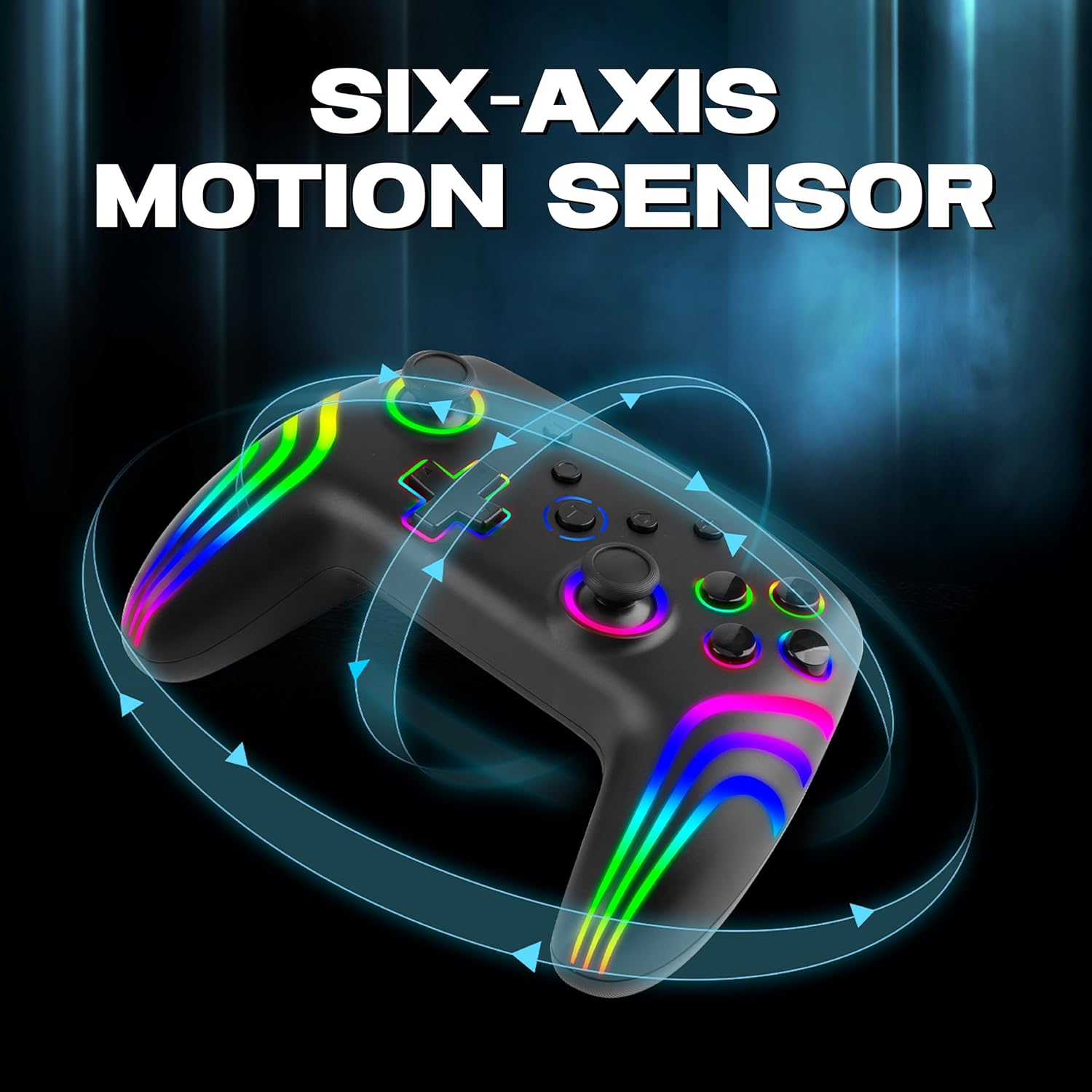 NiTHO NEXUS DARK OPS Wireless Controller with an overlay indicating its six-axis motion sensing capabilities.