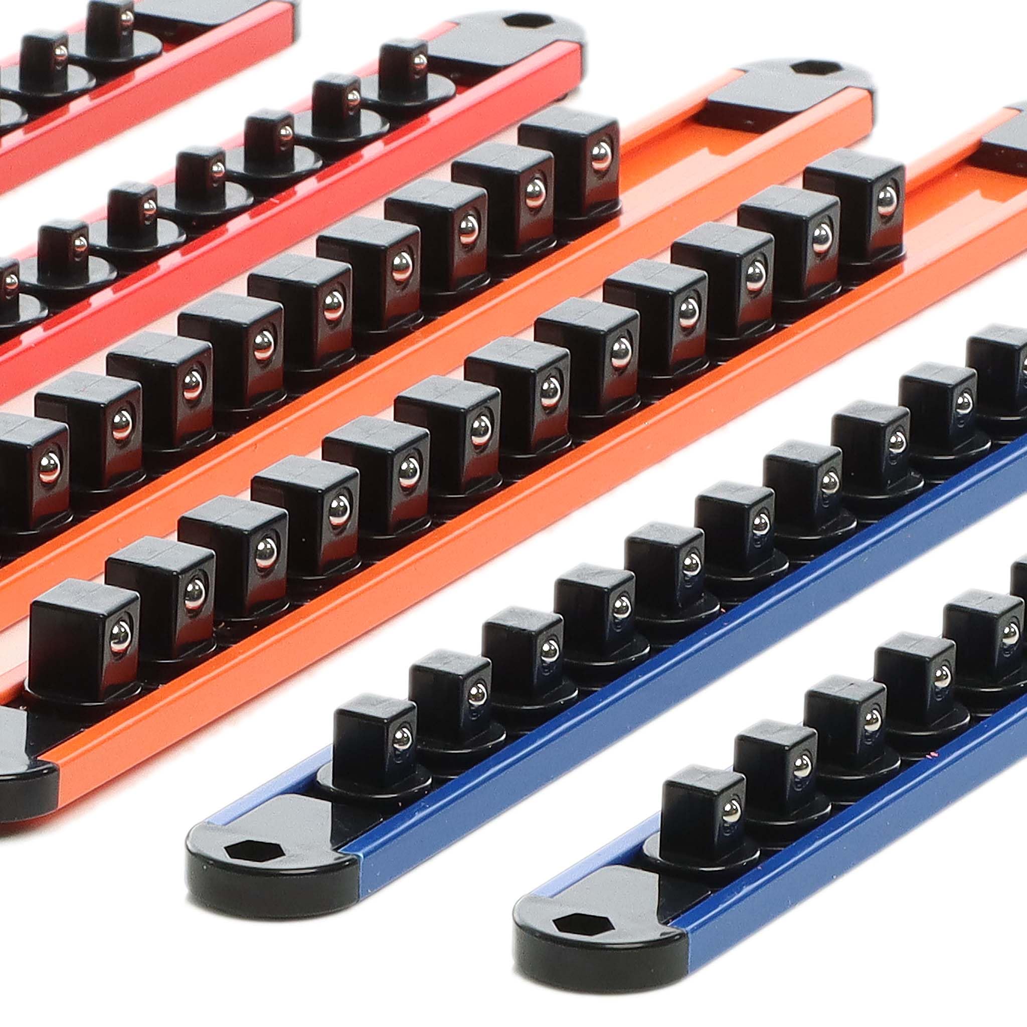 XPOtool 6x Rangement porte douille pour 80 pièces – 350 x 28 x 24 mm – orientable 360° – Rack support organisateur de douilles en ABS – Organsieur pour 1/2", 1/4" et 3/8" – Atelier, bricolage