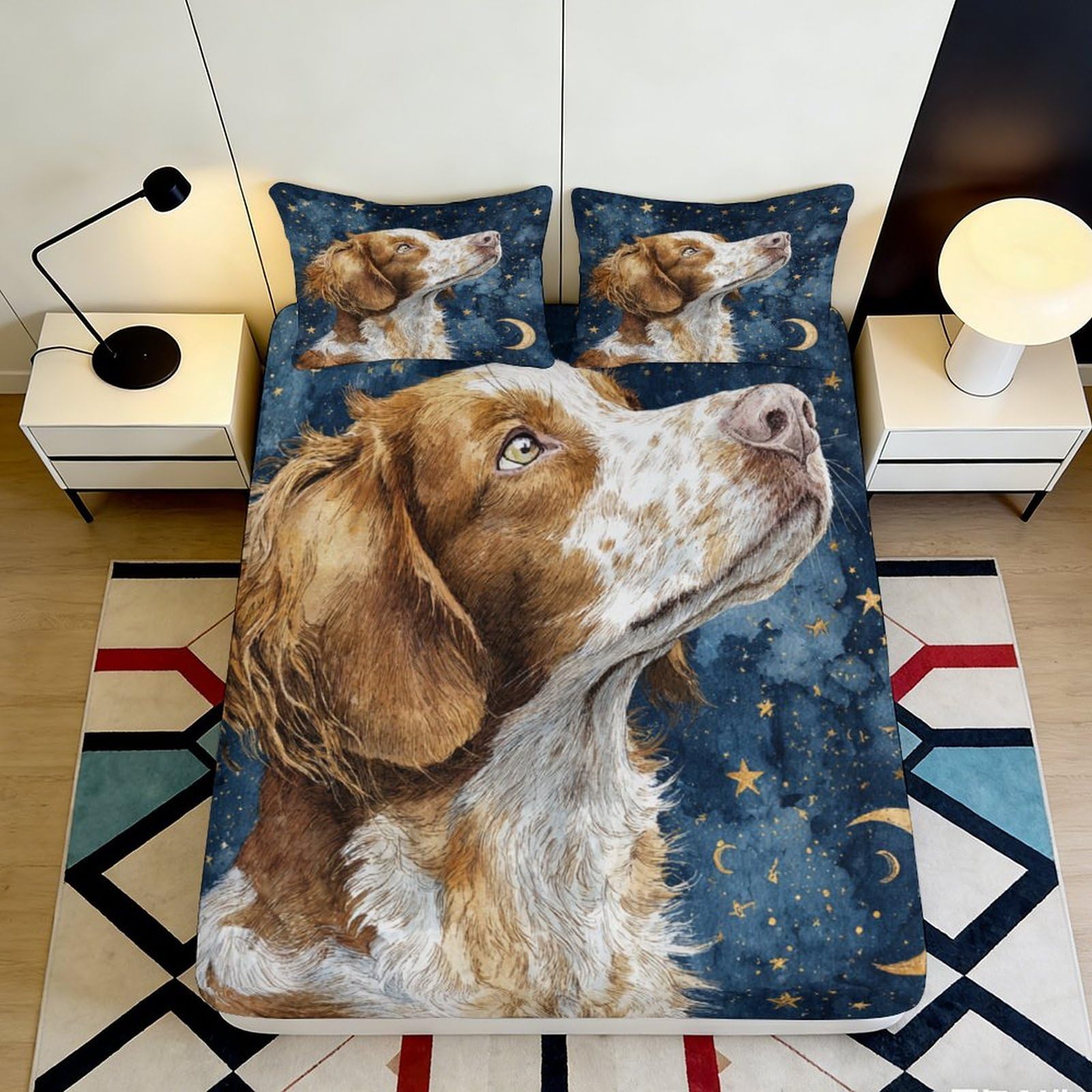 3D Printed Dog Portrait Fitted Sheet Microfiber Soft Breathable Starry Night Bed Cover for Bedroom Dormitory Guest Room Mattress Protection 160x200x25cm